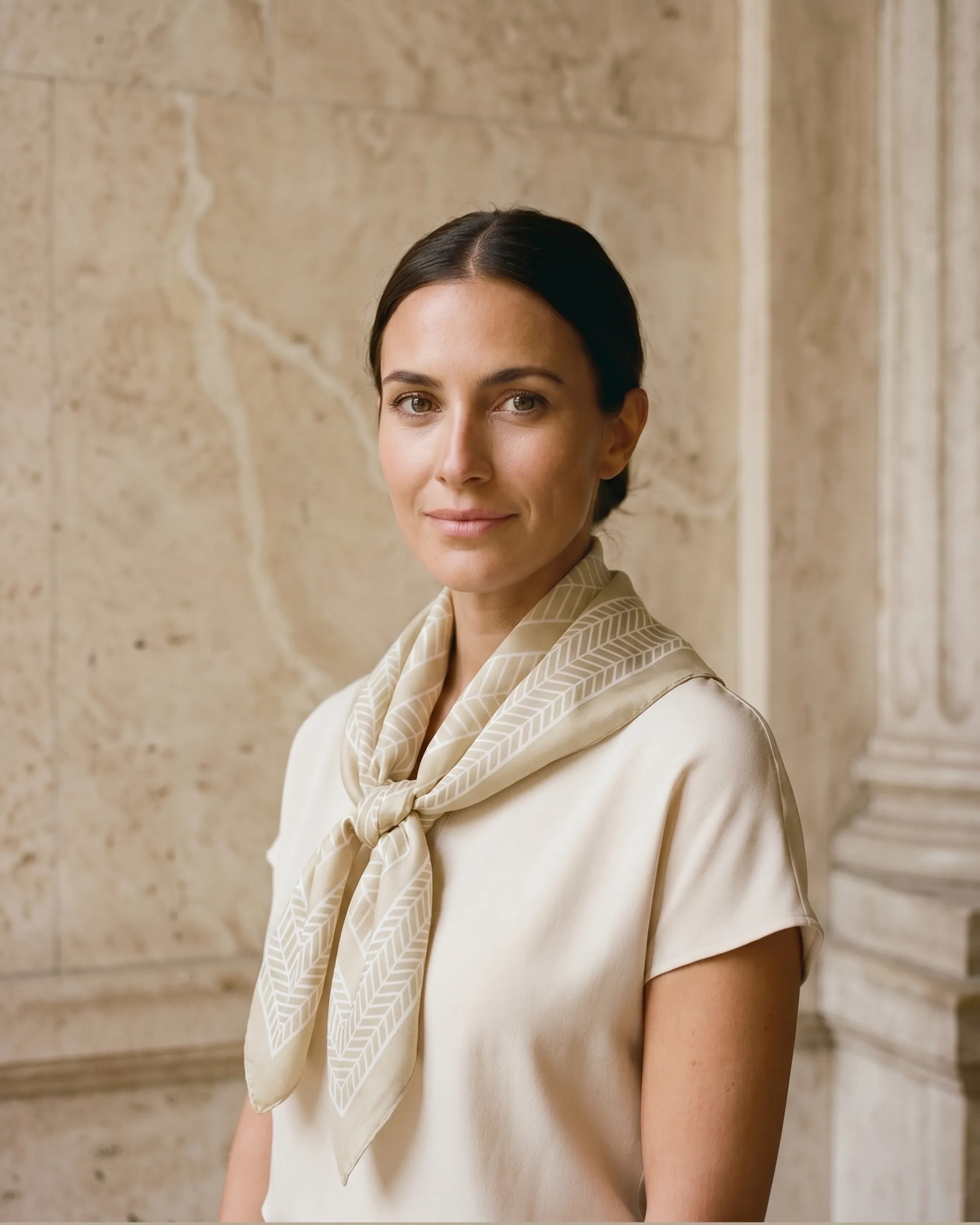 Palmyra Twill Silk-Look Square Scarf in Black-and-Ivory Chevron in Avorio — Hugo Caesar Tassi