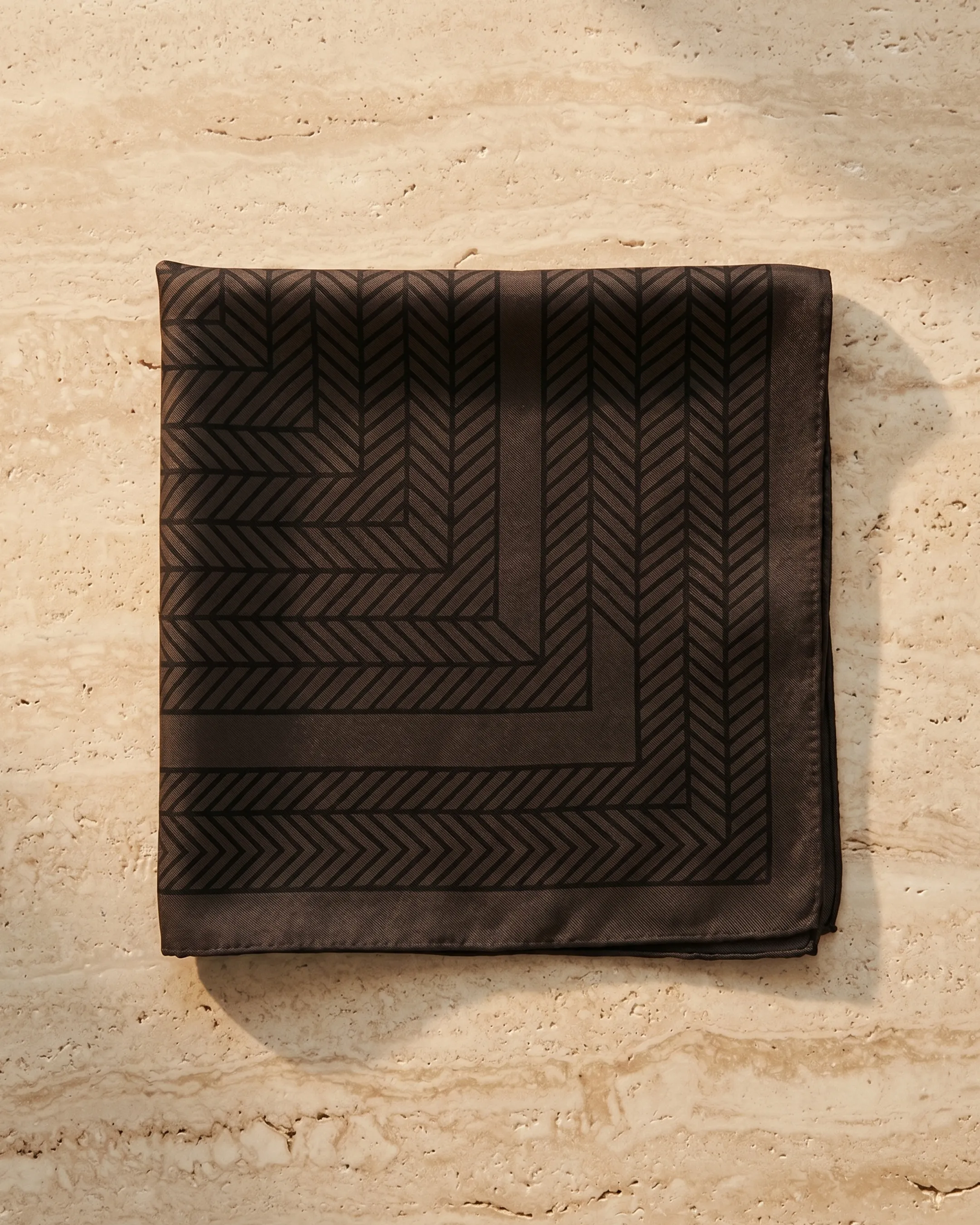 Hugo Caesar Tassi twill silk-look square scarf with chevron print in Basalt — studio packshot, Hugo Caesar Tassi