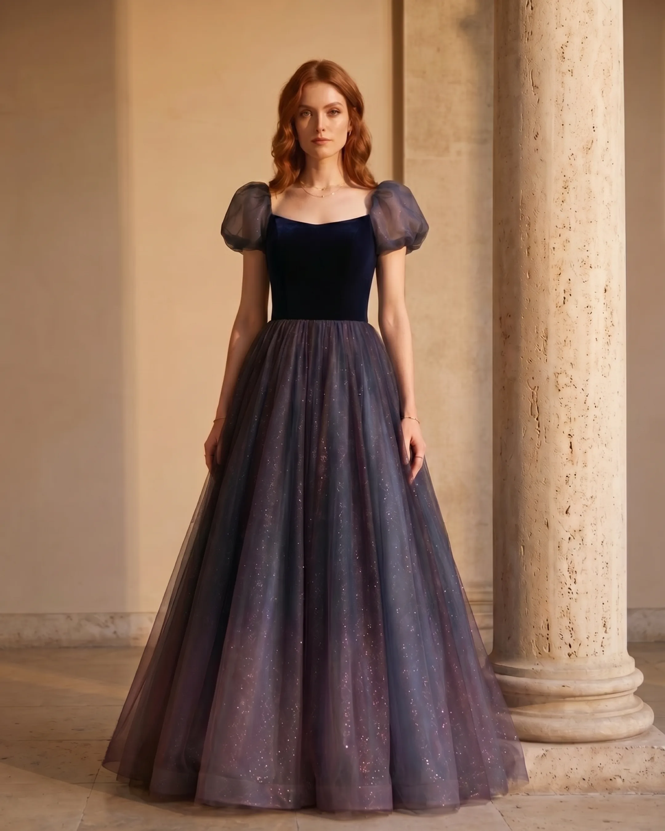 Hugo Caesar Tassi Petronia editorial wide of the navy velvet-and-tulle ballgown beside a fluted travertine column in golden light
