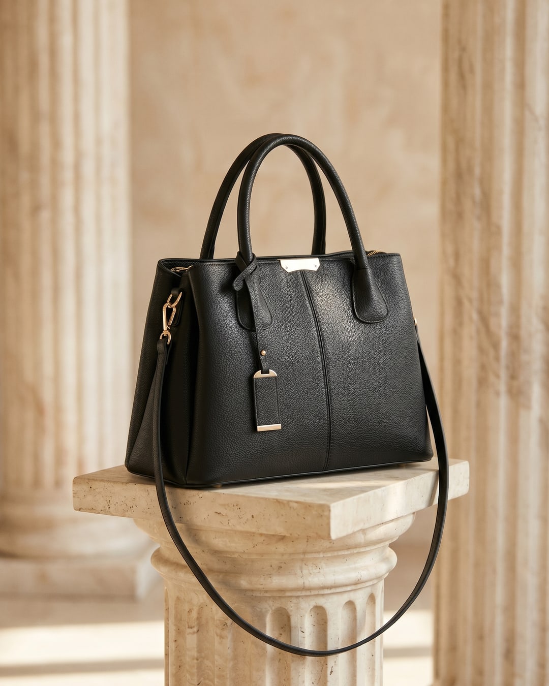 Hugo Caesar Tassi Pincia large-capacity pebbled-leather top-handle tote in Basalt black, displayed on a Roman fluted-column travertine pedestal in a sunlit marble studio