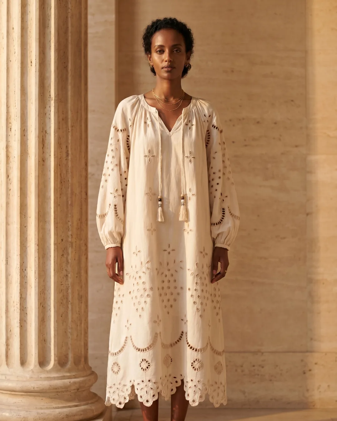 Plautina Broderie-Anglaise Embroidered Cotton Maxi Dress in Avorio — Hugo Caesar Tassi