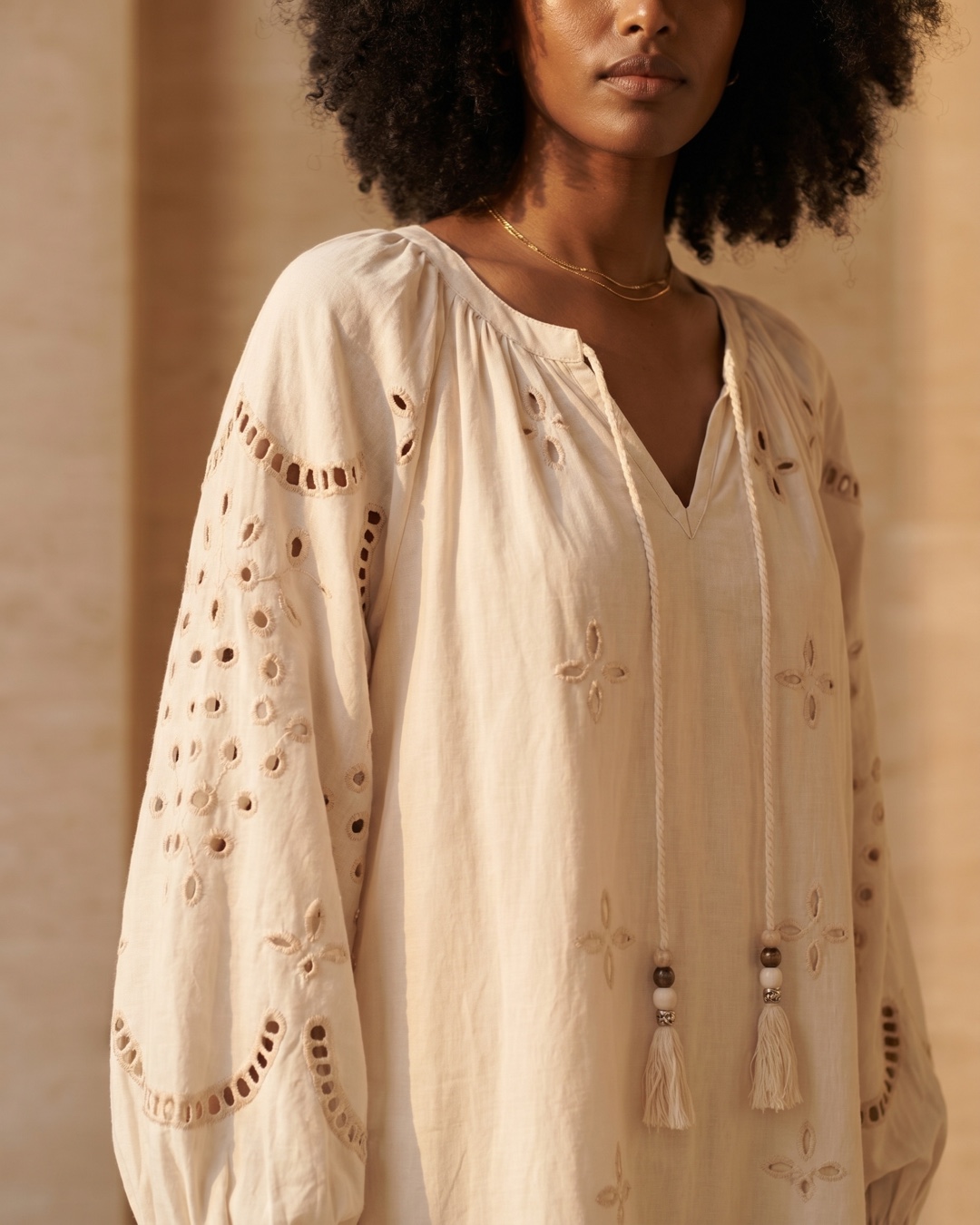 Hugo Caesar Tassi Plautina self-tie split neckline with beaded ties and eyelet embroidery detail