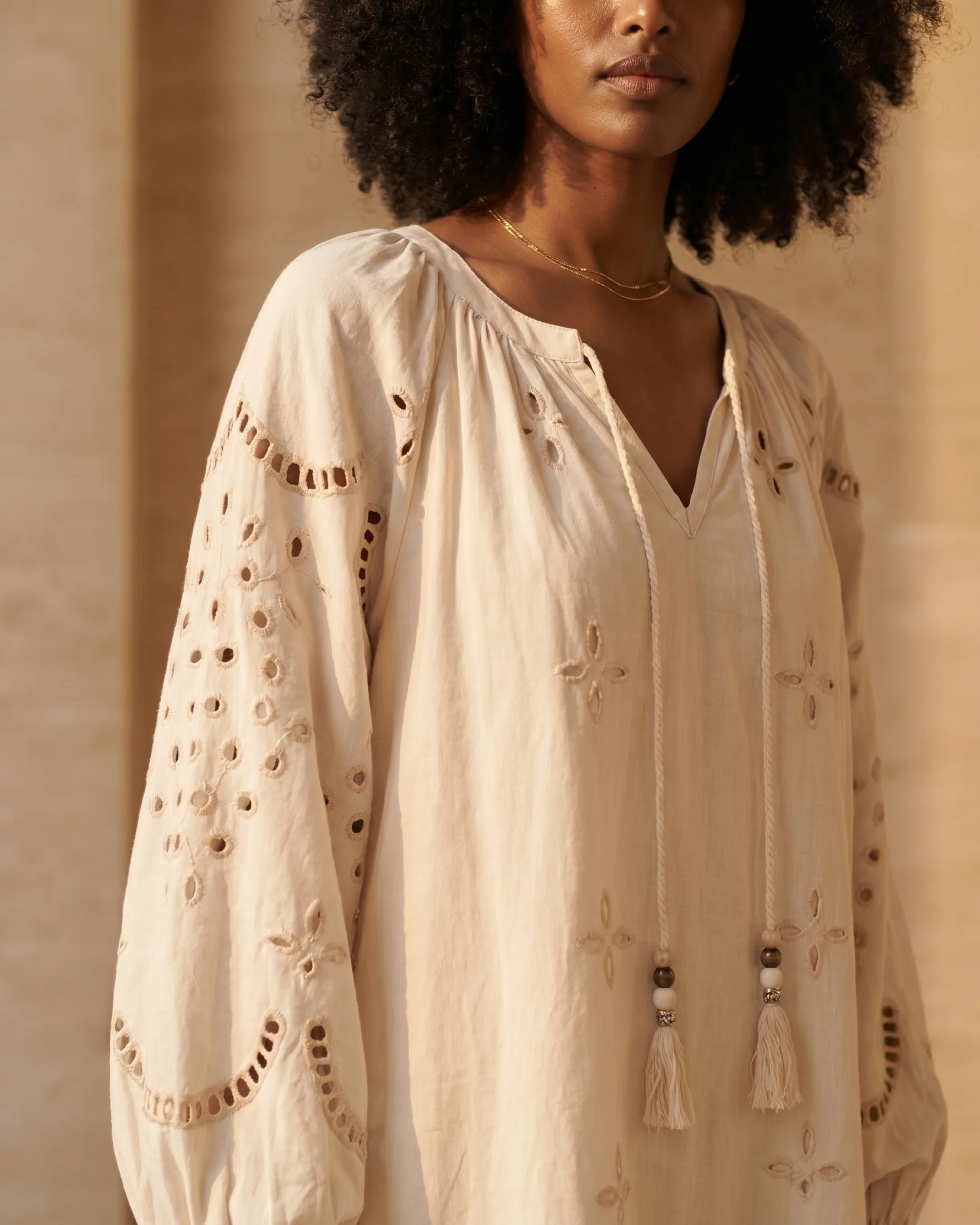 Hugo Caesar Tassi Plautina self-tie split neckline with beaded ties and eyelet embroidery detail