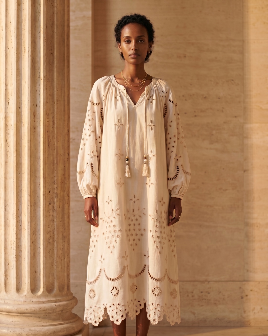 A model styling the Hugo Caesar Tassi Lanuvina basket tote with the Plautina cotton maxi in a Roman travertine setting — shop the look