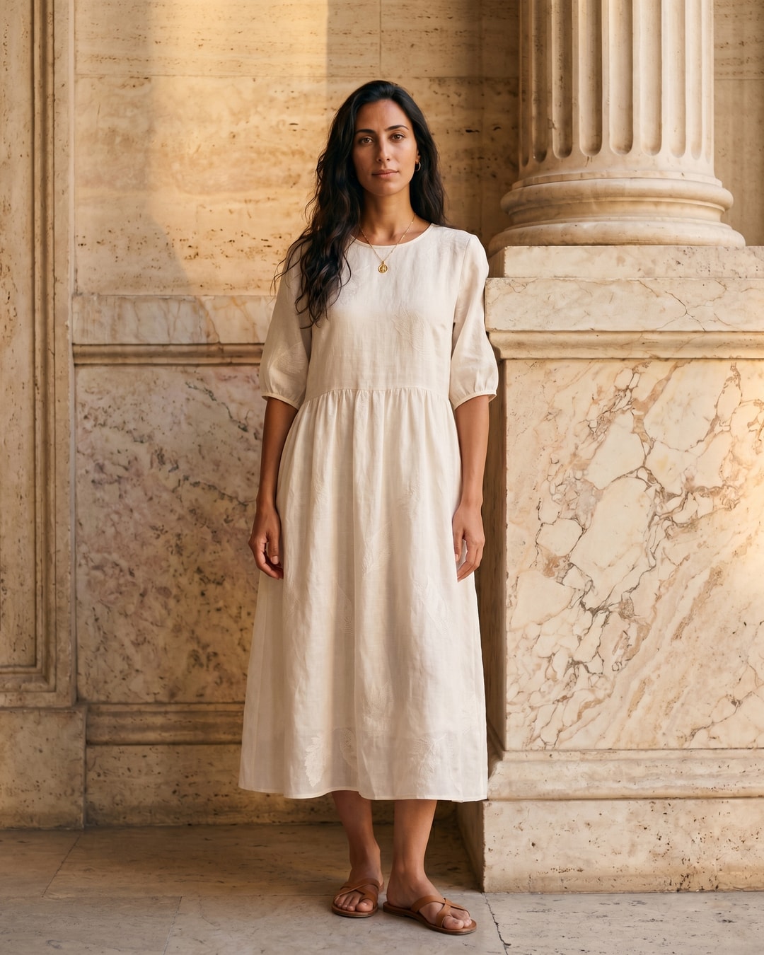 Hugo Caesar Tassi Pomponia relaxed linen midi dress in Avorio ivory, with a round neck and short puff sleeves, worn by a model beside a fluted column in a Roman travertine studio