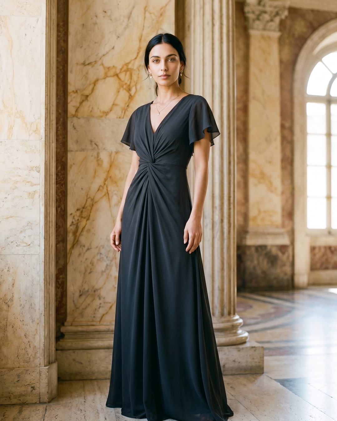 Portia twist-front V-neck chiffon A-line dress in Basalt — full-length front on model, Hugo Caesar Tassi, in a Roman travertine studio with fluted columns