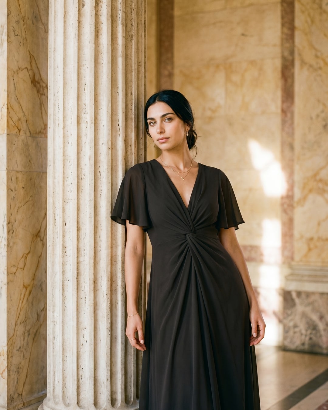 Portia short-sleeve chiffon A-line dress in Basalt — editorial beside a fluted travertine Roman column in golden daylight, Hugo Caesar Tassi