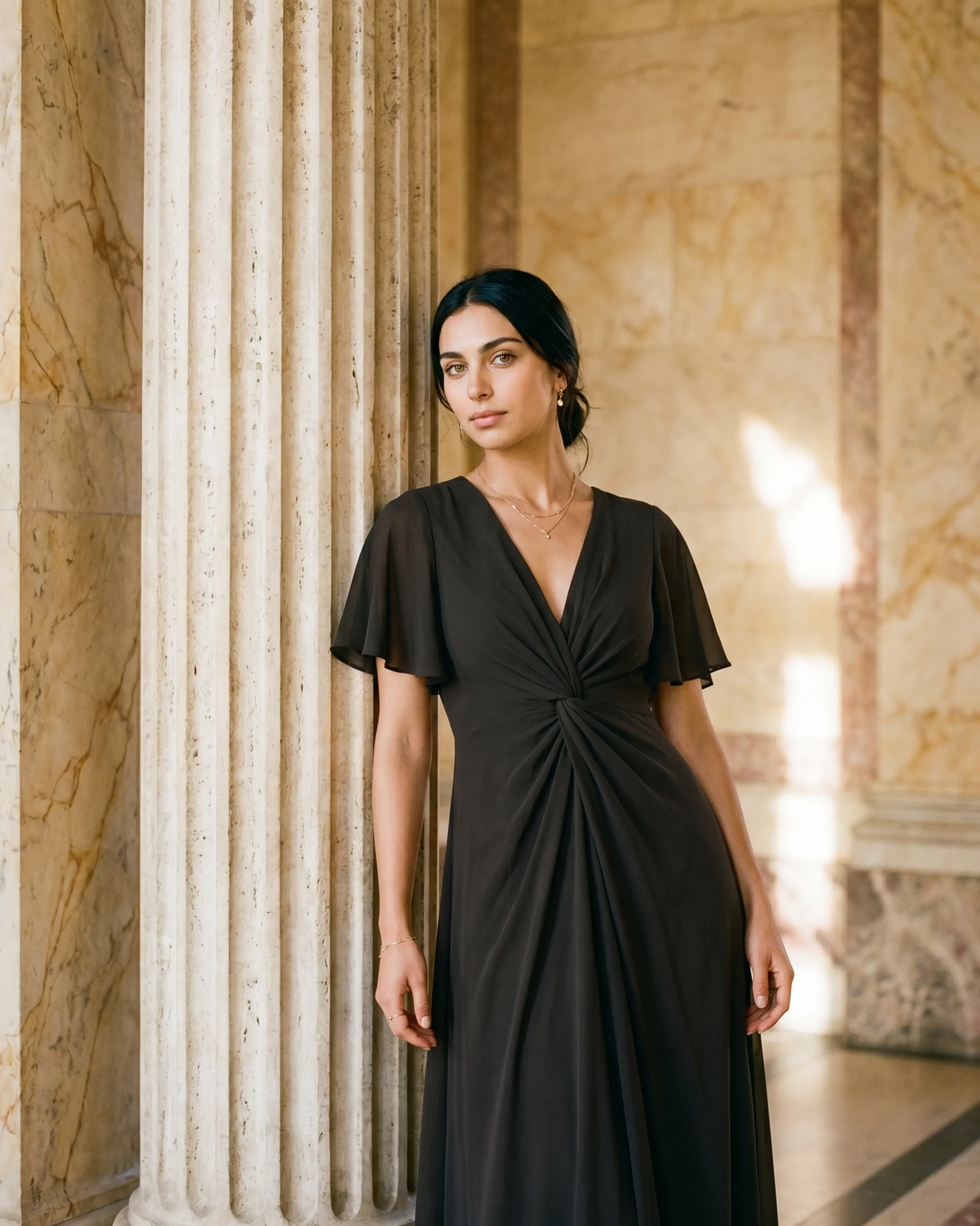 Portia short-sleeve chiffon A-line dress in Basalt — editorial beside a fluted travertine Roman column in golden daylight, Hugo Caesar Tassi
