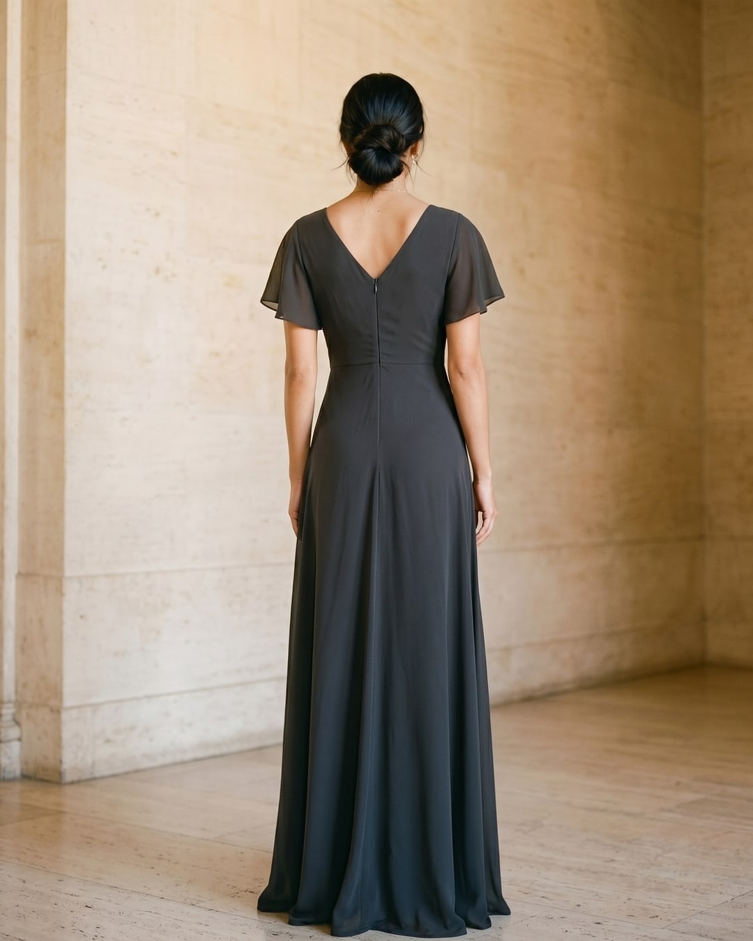 Full-length rear view of the Hugo Caesar Tassi Portia short-sleeve chiffon A-line dress in Basalt, seen from behind, showing the back of the dress, the flutter sleeves, defined twist-knot waist and fluid A-line chiffon skirt in a Roman travertine studio