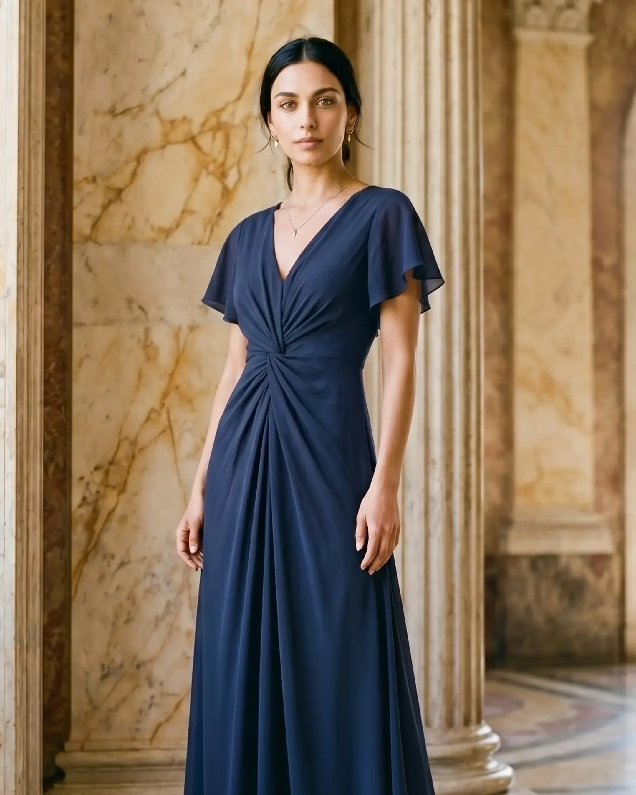 Portia Twist-Front V-Neck Chiffon A-Line Maxi Dress in Cobalto — Hugo Caesar Tassi