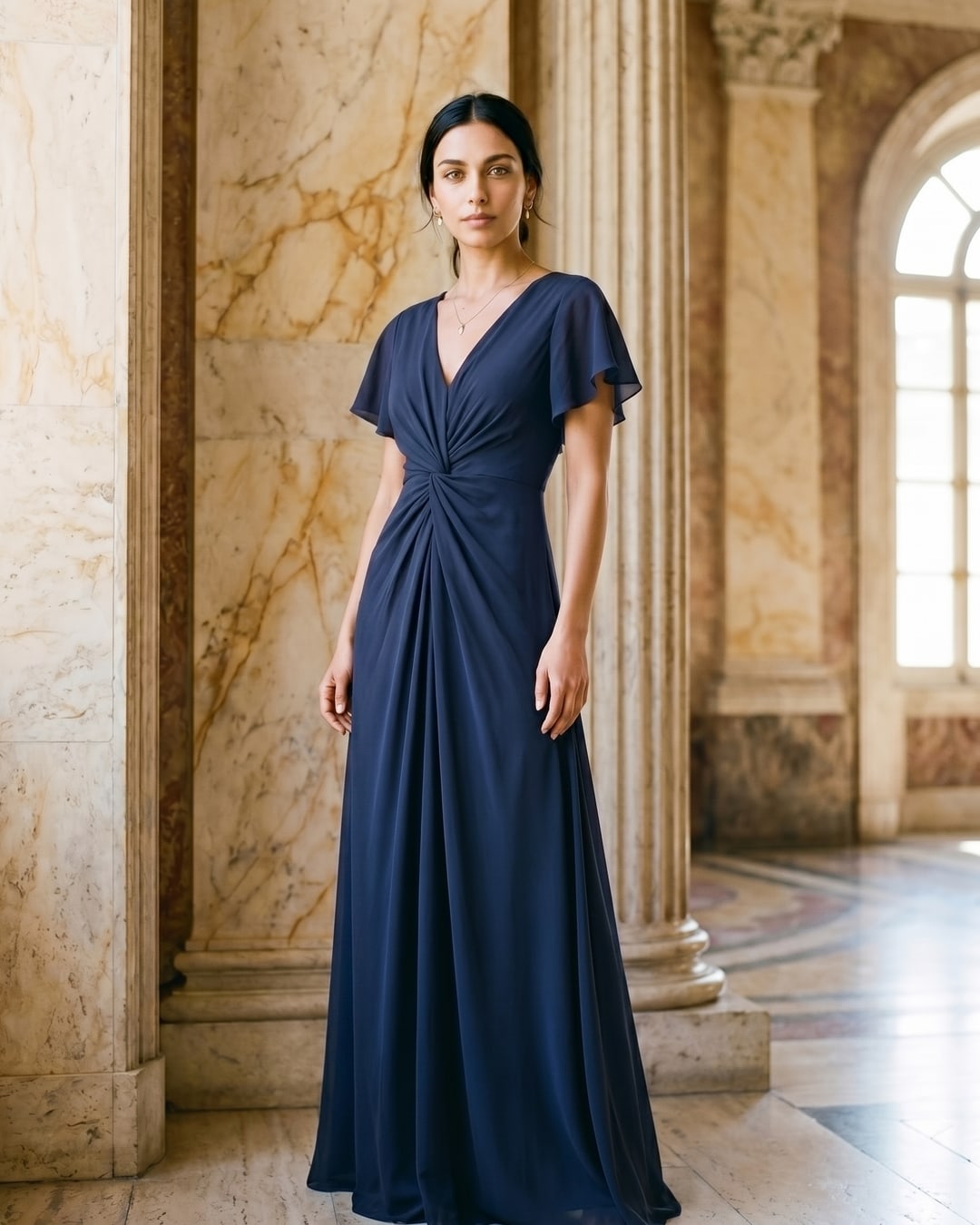 Portia Twist-Front V-Neck Chiffon A-Line Maxi Dress in Cobalto — Hugo Caesar Tassi