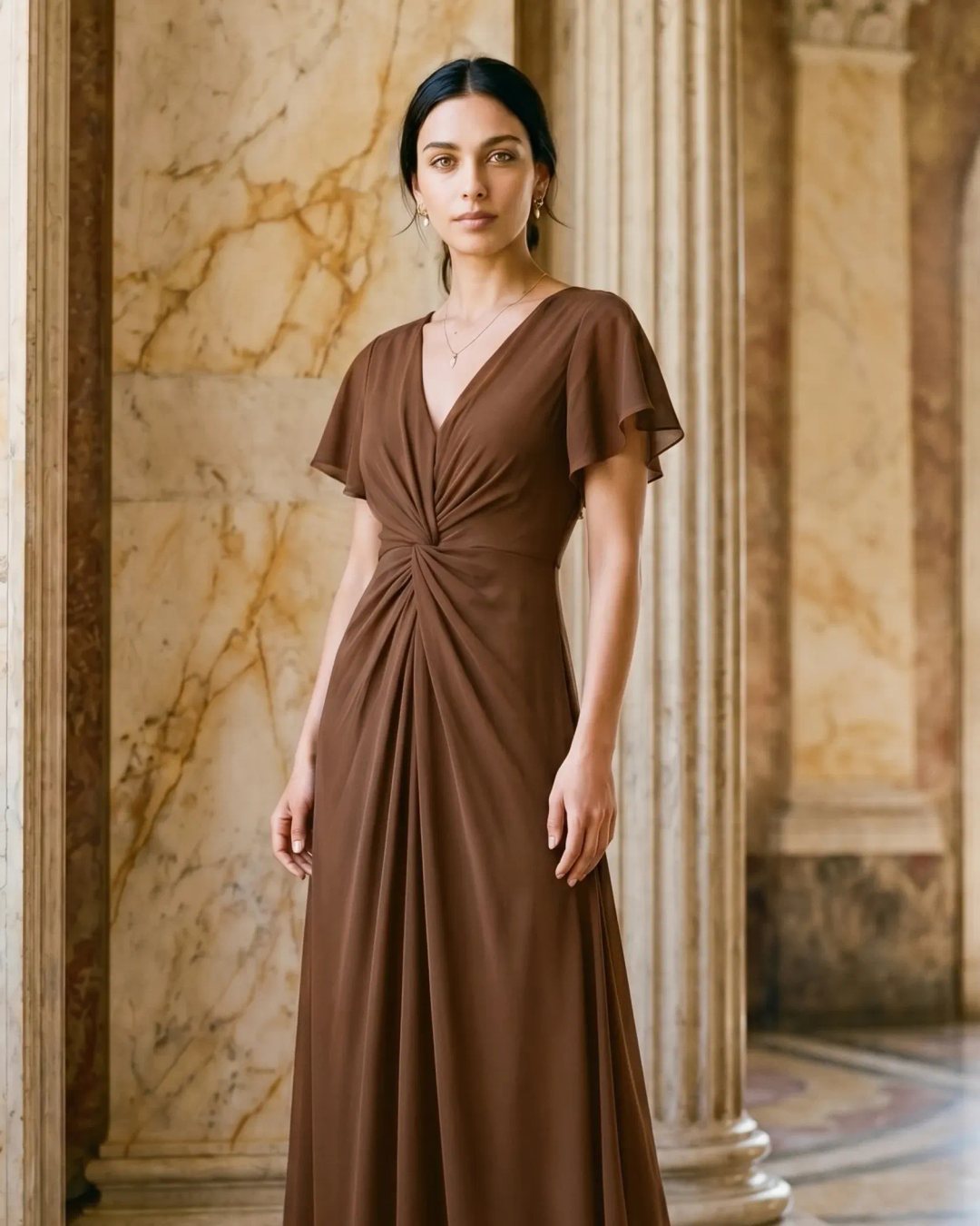 Portia Twist-Front V-Neck Chiffon A-Line Maxi Dress in Cuoio — Hugo Caesar Tassi