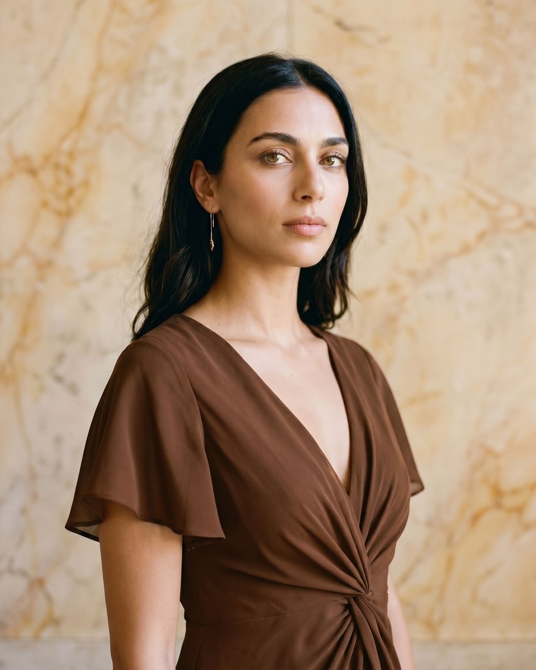 Portia Twist-Front V-Neck Chiffon A-Line Maxi Dress in Cuoio — Hugo Caesar Tassi