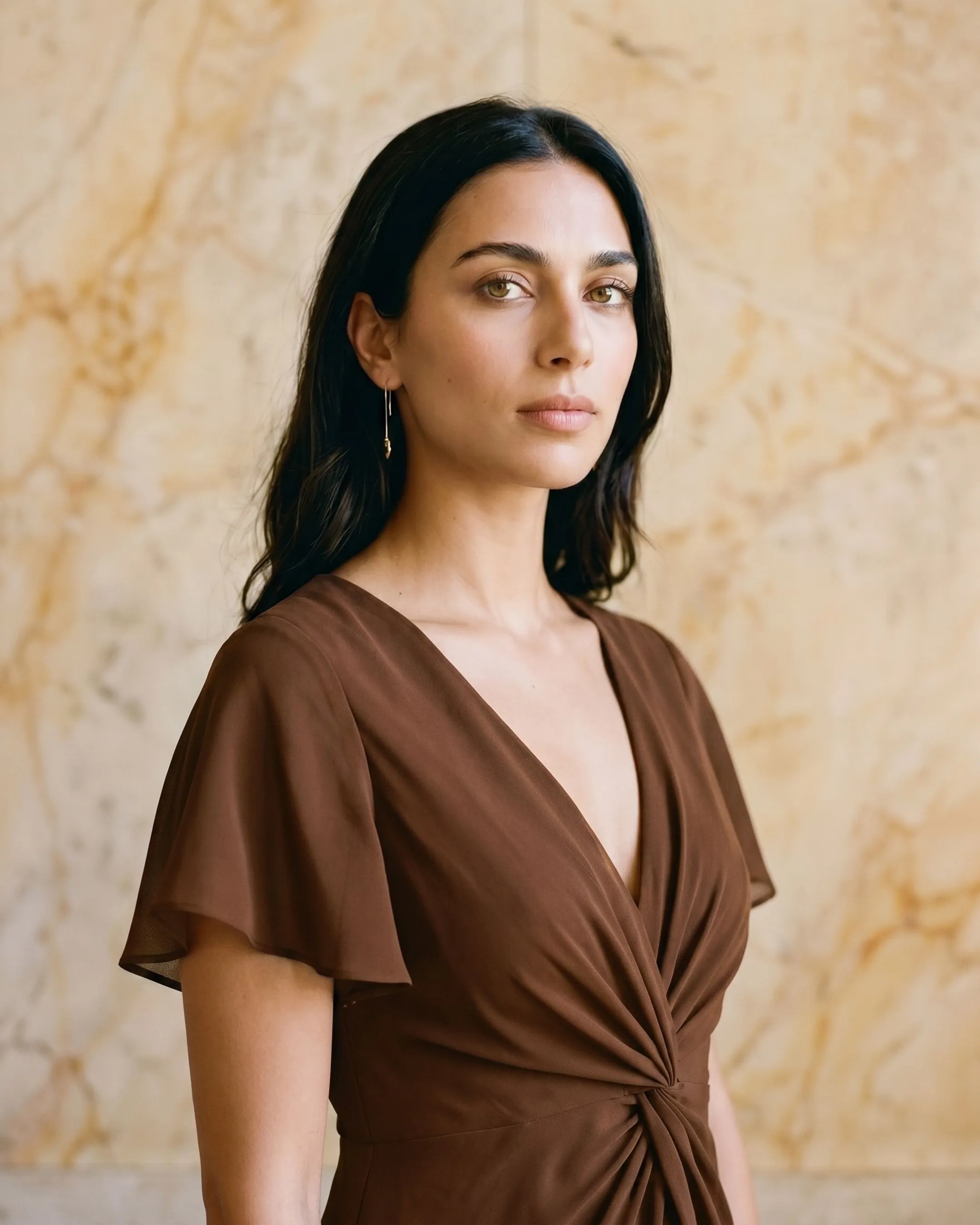 Portia Twist-Front V-Neck Chiffon A-Line Maxi Dress in Cuoio — Hugo Caesar Tassi