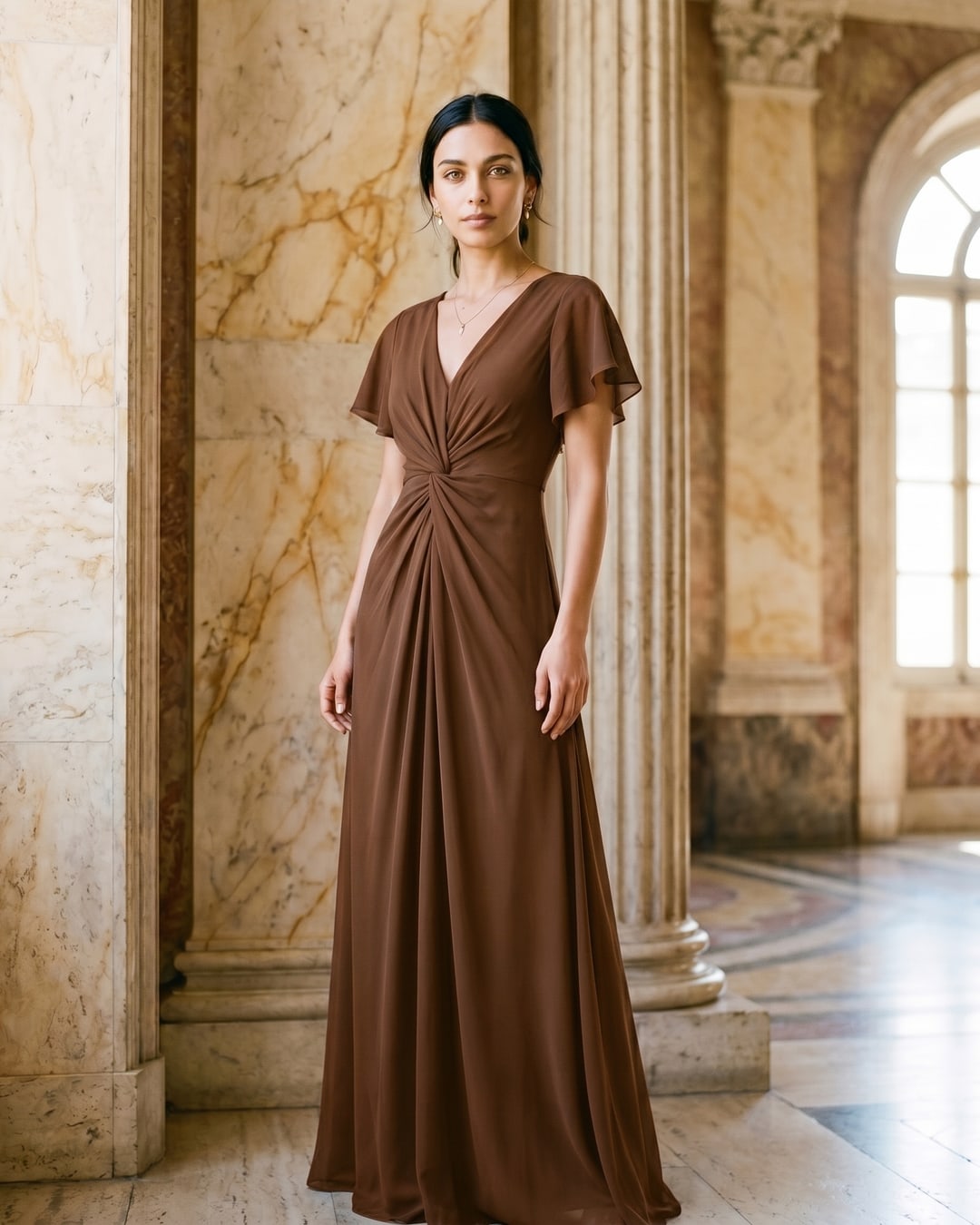 Portia Twist-Front V-Neck Chiffon A-Line Maxi Dress in Cuoio — Hugo Caesar Tassi