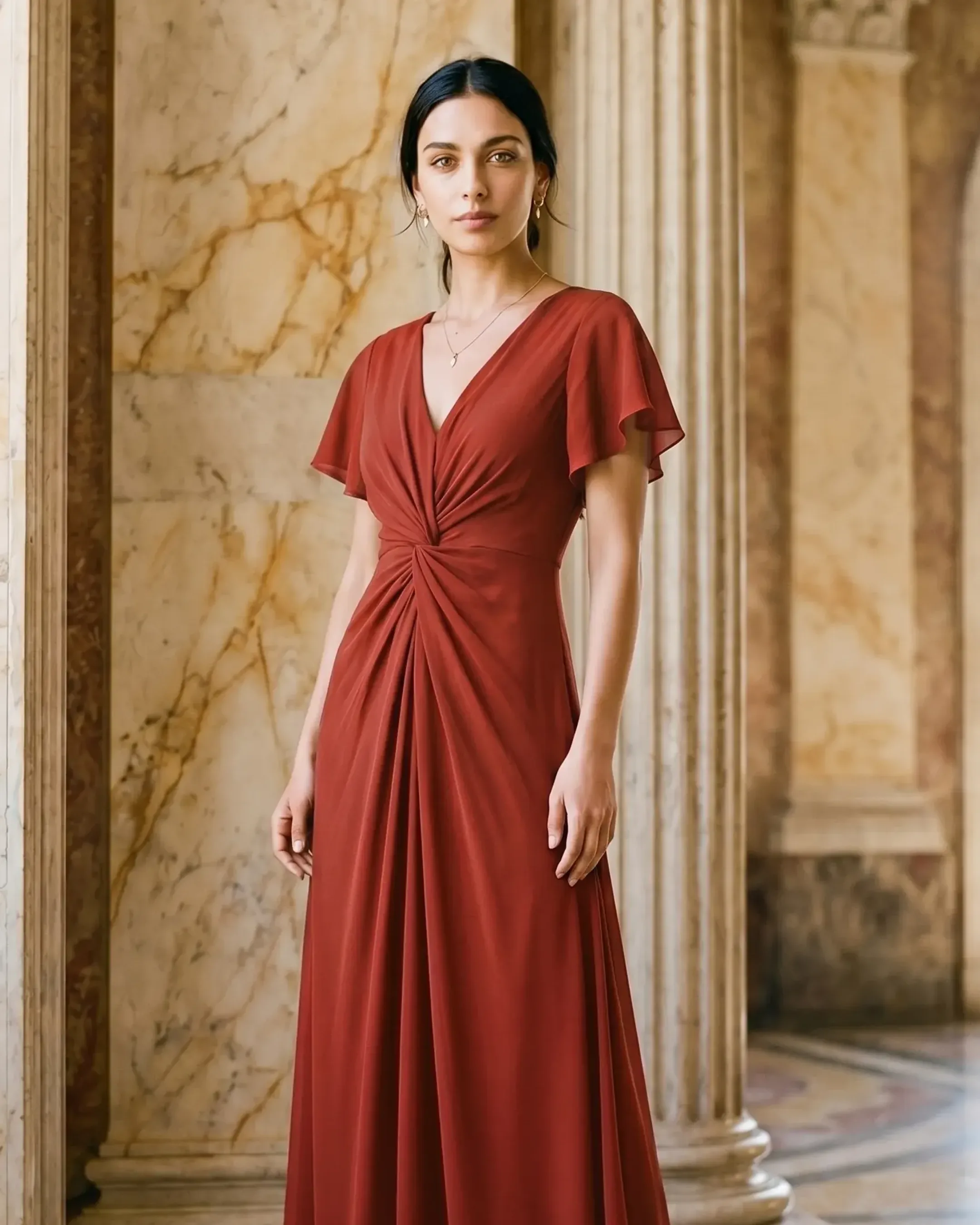 Portia Twist-Front V-Neck Chiffon A-Line Maxi Dress in Vermiglio — Hugo Caesar Tassi