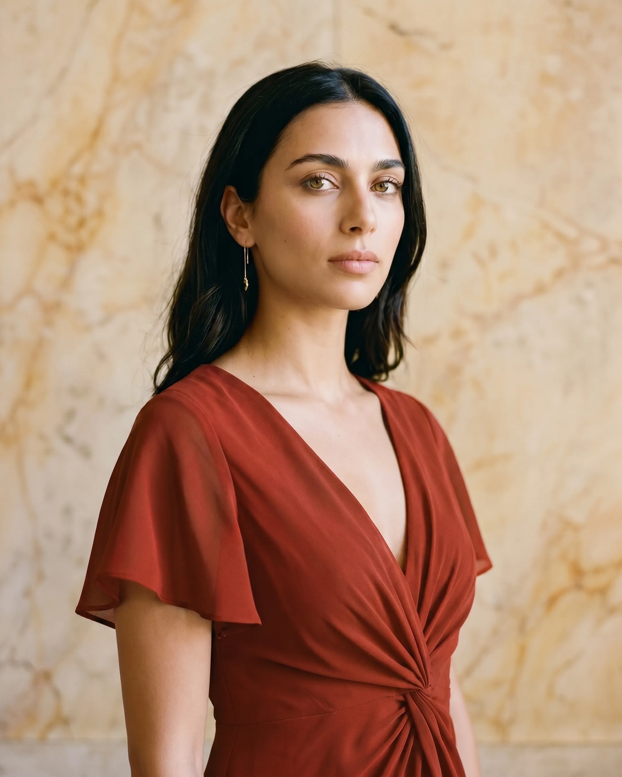 Portia Twist-Front V-Neck Chiffon A-Line Maxi Dress in Vermiglio — Hugo Caesar Tassi