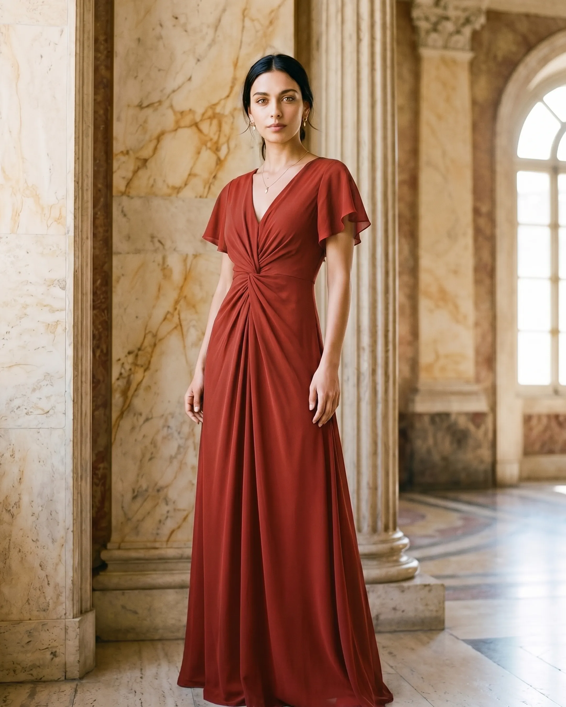 Portia Twist-Front V-Neck Chiffon A-Line Maxi Dress in Vermiglio — Hugo Caesar Tassi