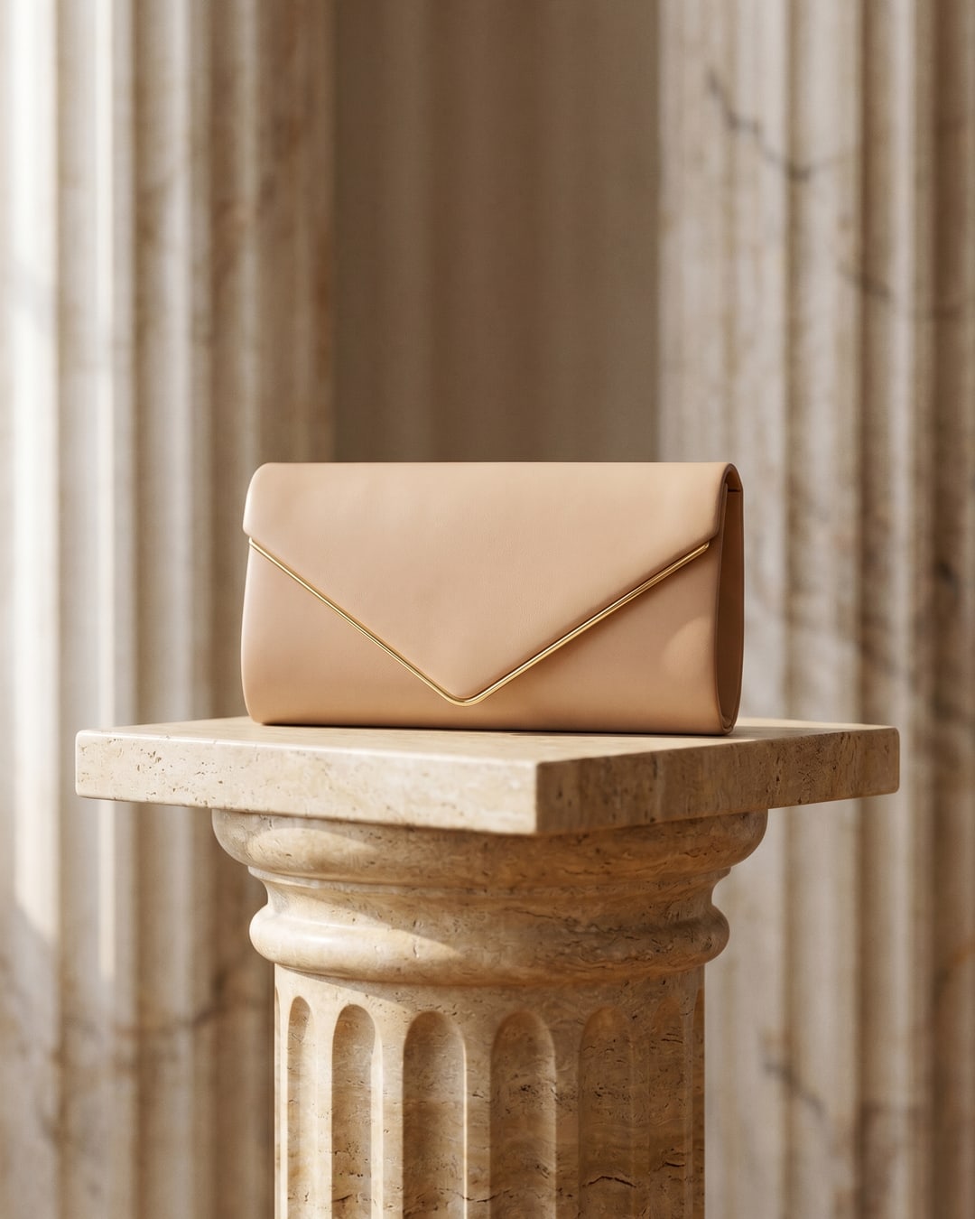 Hugo Caesar Tassi Quirina minimalist smooth-leather envelope evening clutch in Travertine camel, displayed on a Roman fluted column pedestal in a warm travertine-marble studio
