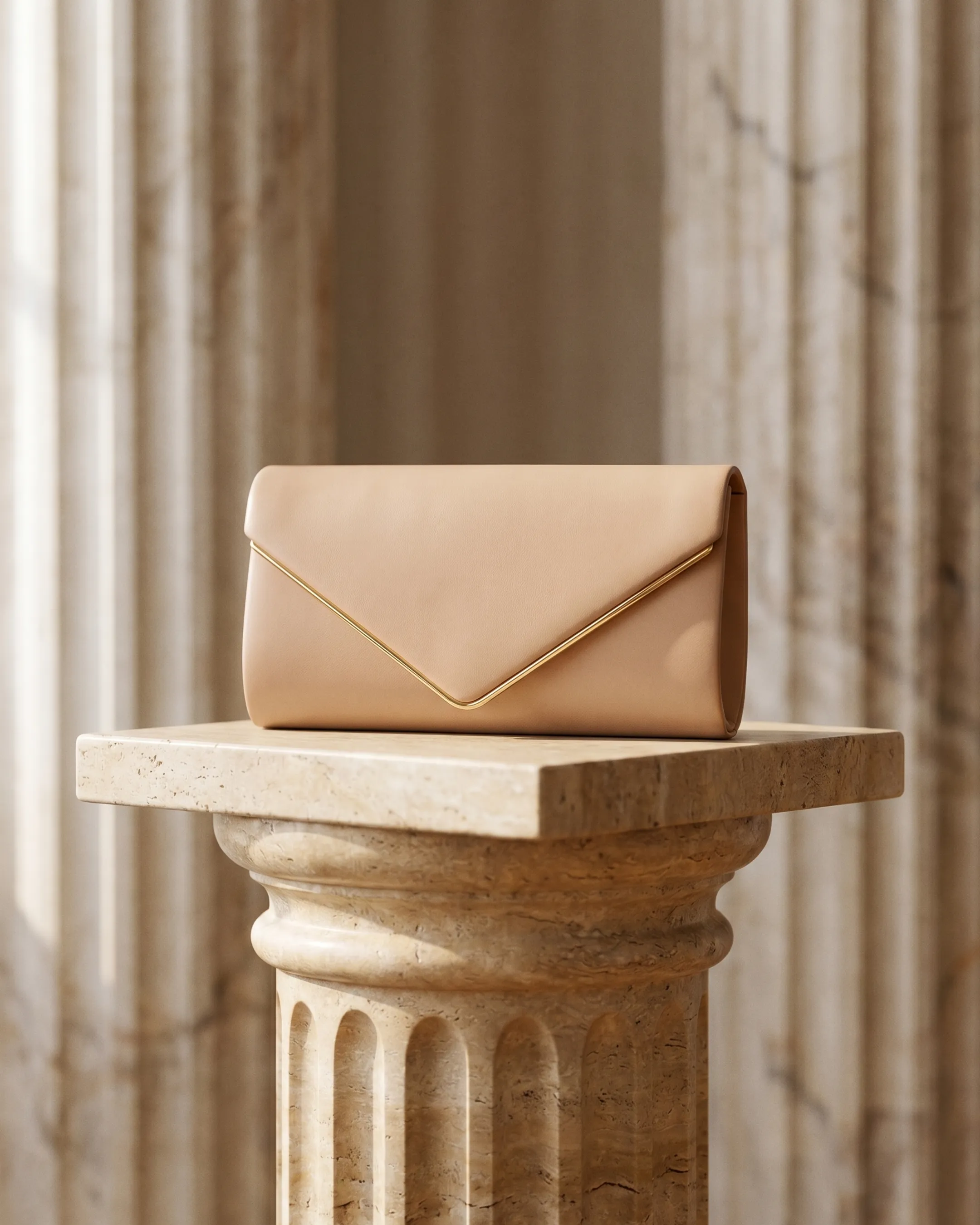 Hugo Caesar Tassi Quirina minimalist smooth-leather envelope evening clutch in Travertine camel, displayed on a Roman fluted column pedestal in a warm travertine-marble studio