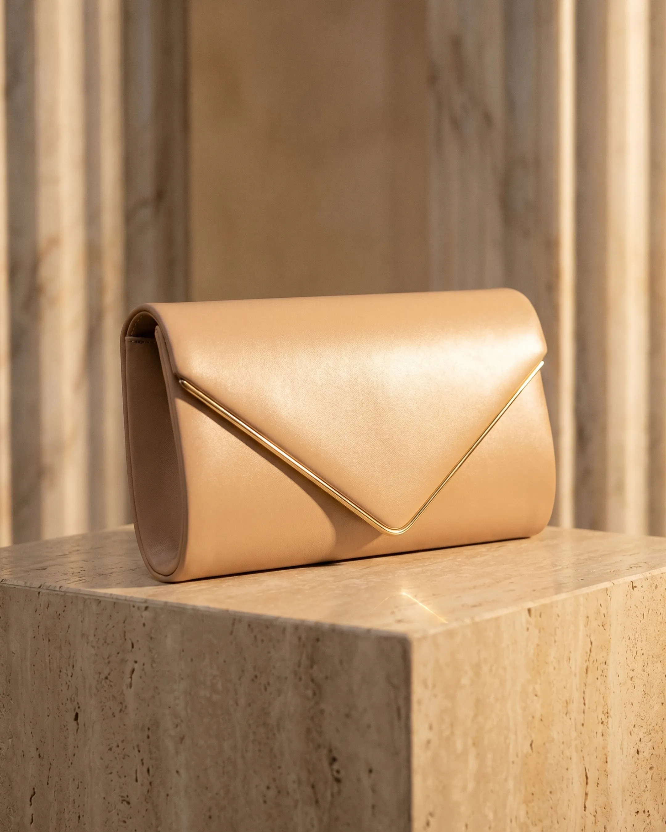 Hugo Caesar Tassi Quirina smooth-leather envelope clutch in Travertine camel propped at a three-quarter angle on a sunlit travertine plinth, golden side light tracing the slim gold flap trim