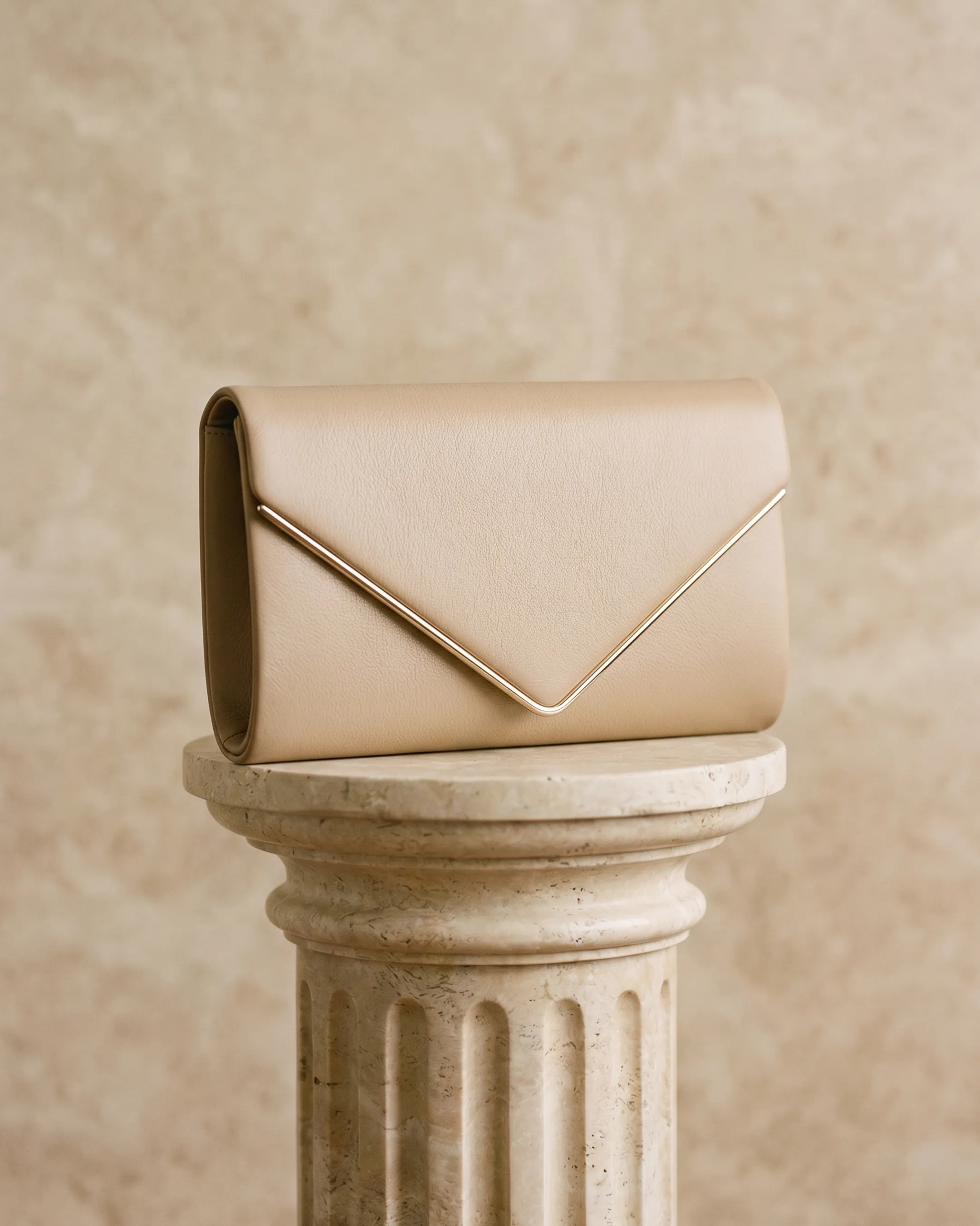 Hugo Caesar Tassi minimalist leather envelope clutch in Travertine — studio packshot, Hugo Caesar Tassi