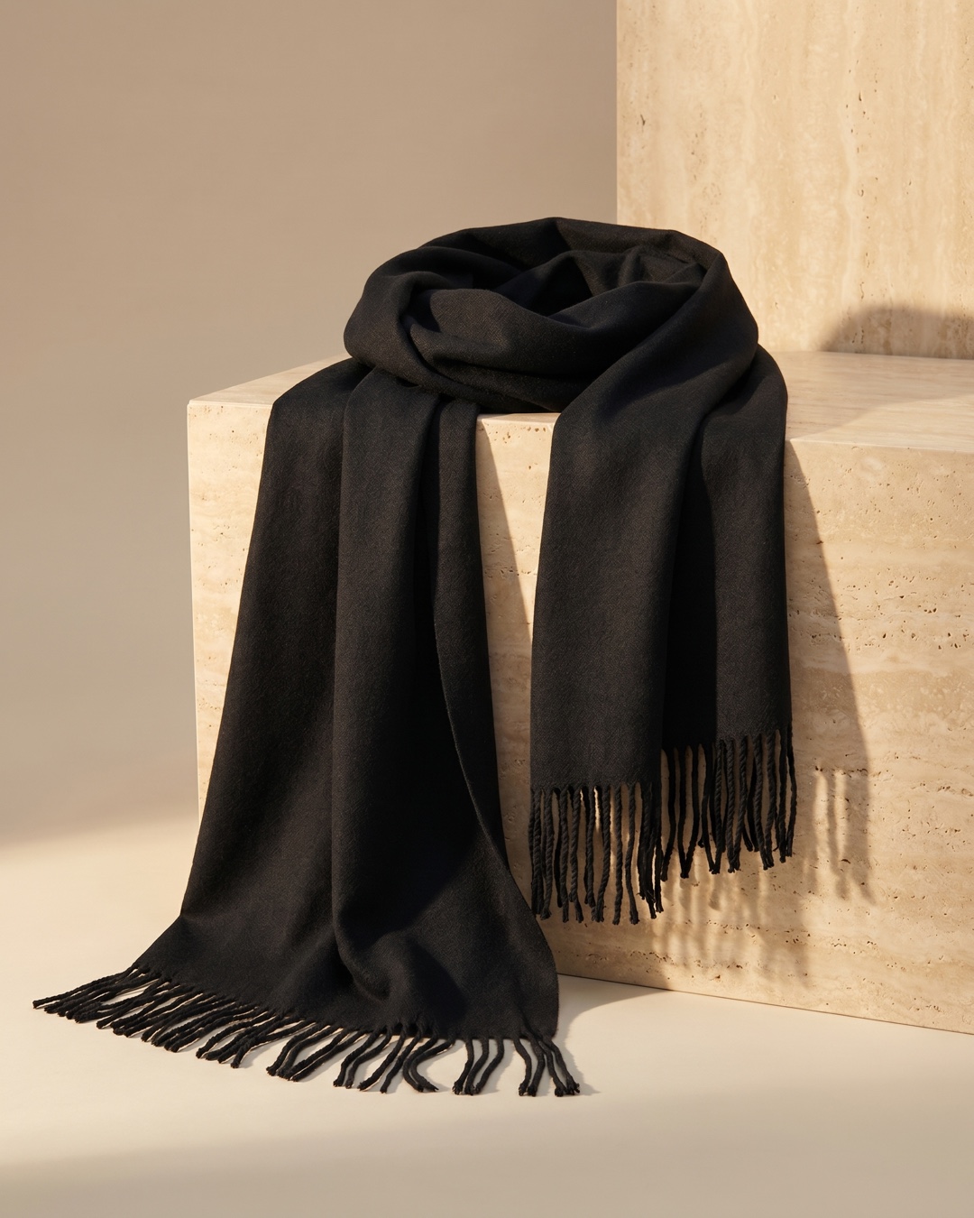 Hugo Caesar Tassi Ravenna fringed evening stole in Basalt, softly draped on a warm travertine plinth with twisted fringe