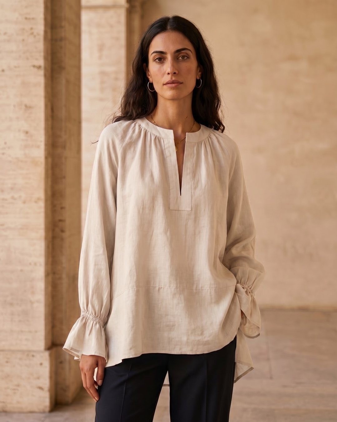 Roscia Structured Long-Sleeve Blouse in Avorio — Hugo Caesar Tassi