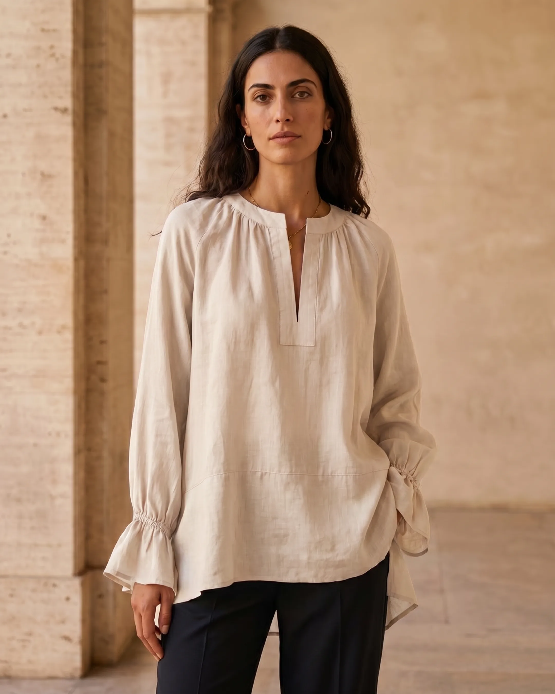 Roscia Structured Long-Sleeve Blouse in Avorio — Hugo Caesar Tassi