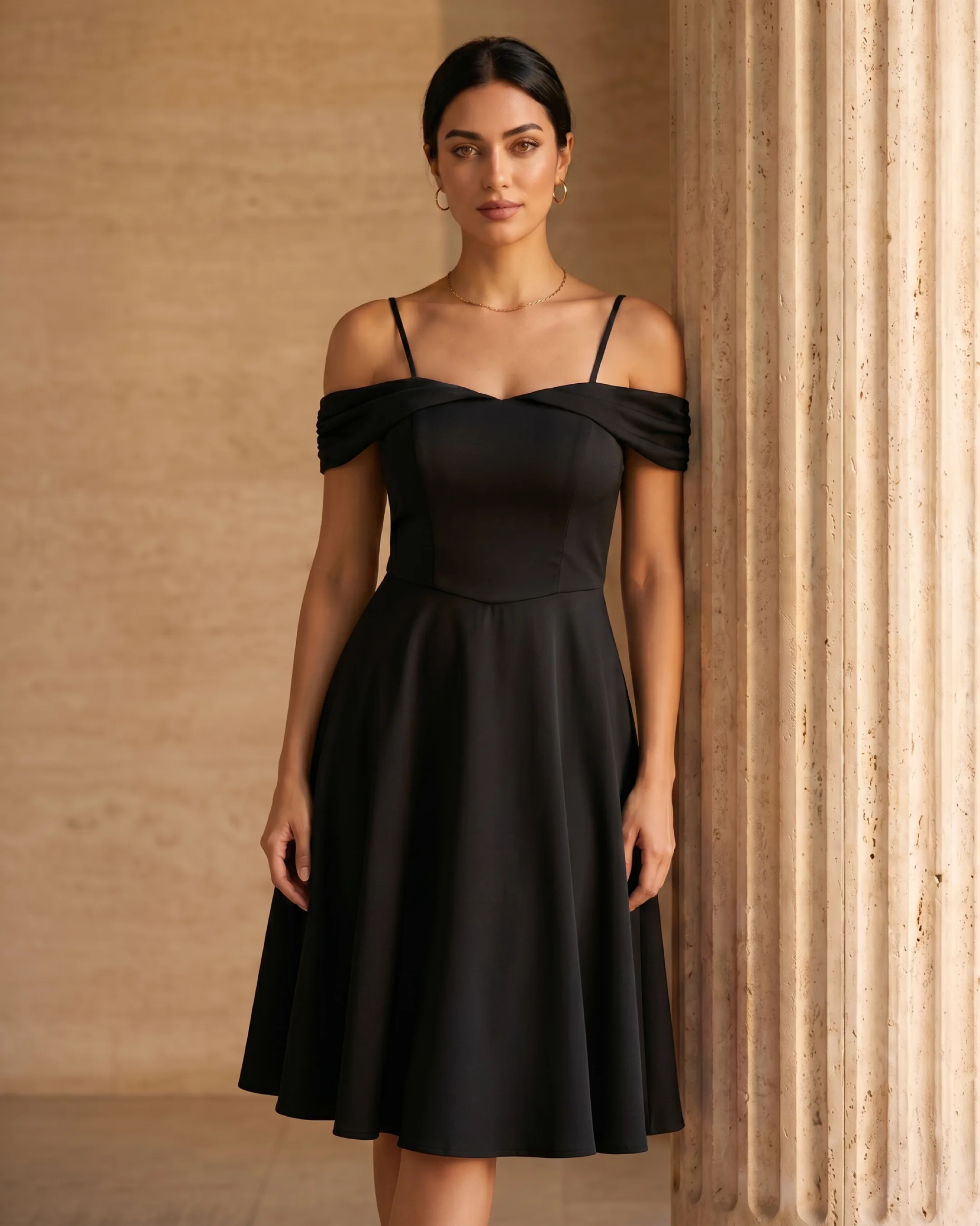 Sabina Off-Shoulder Fit-and-Flare Cocktail Dress in Basalt — Hugo Caesar Tassi