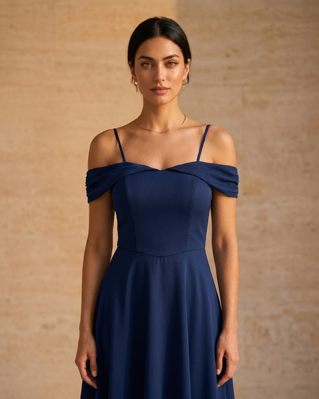 Sabina Off-Shoulder Fit-and-Flare Cocktail Dress in Cobalto — Hugo Caesar Tassi
