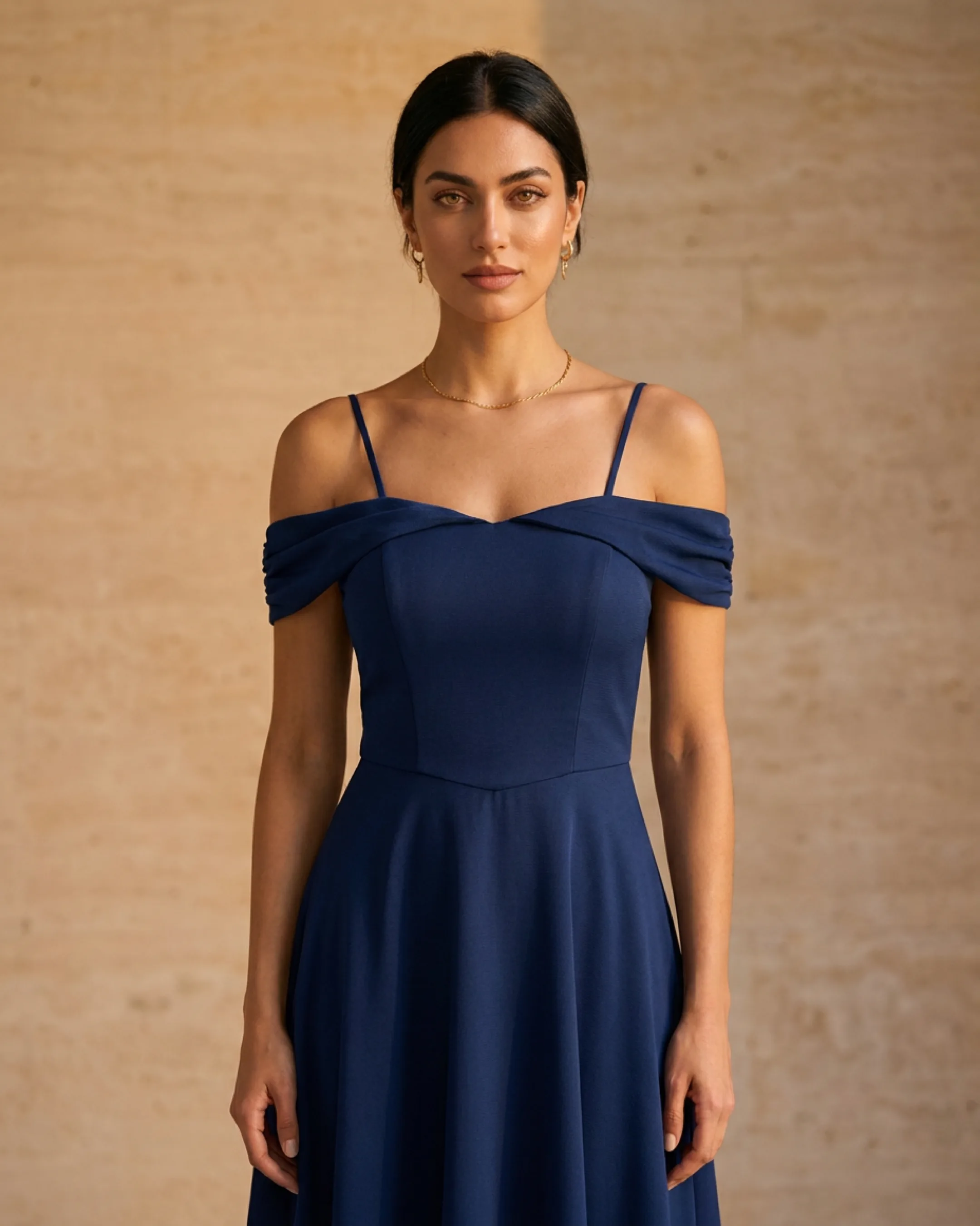Sabina Off-Shoulder Fit-and-Flare Cocktail Dress in Cobalto — Hugo Caesar Tassi