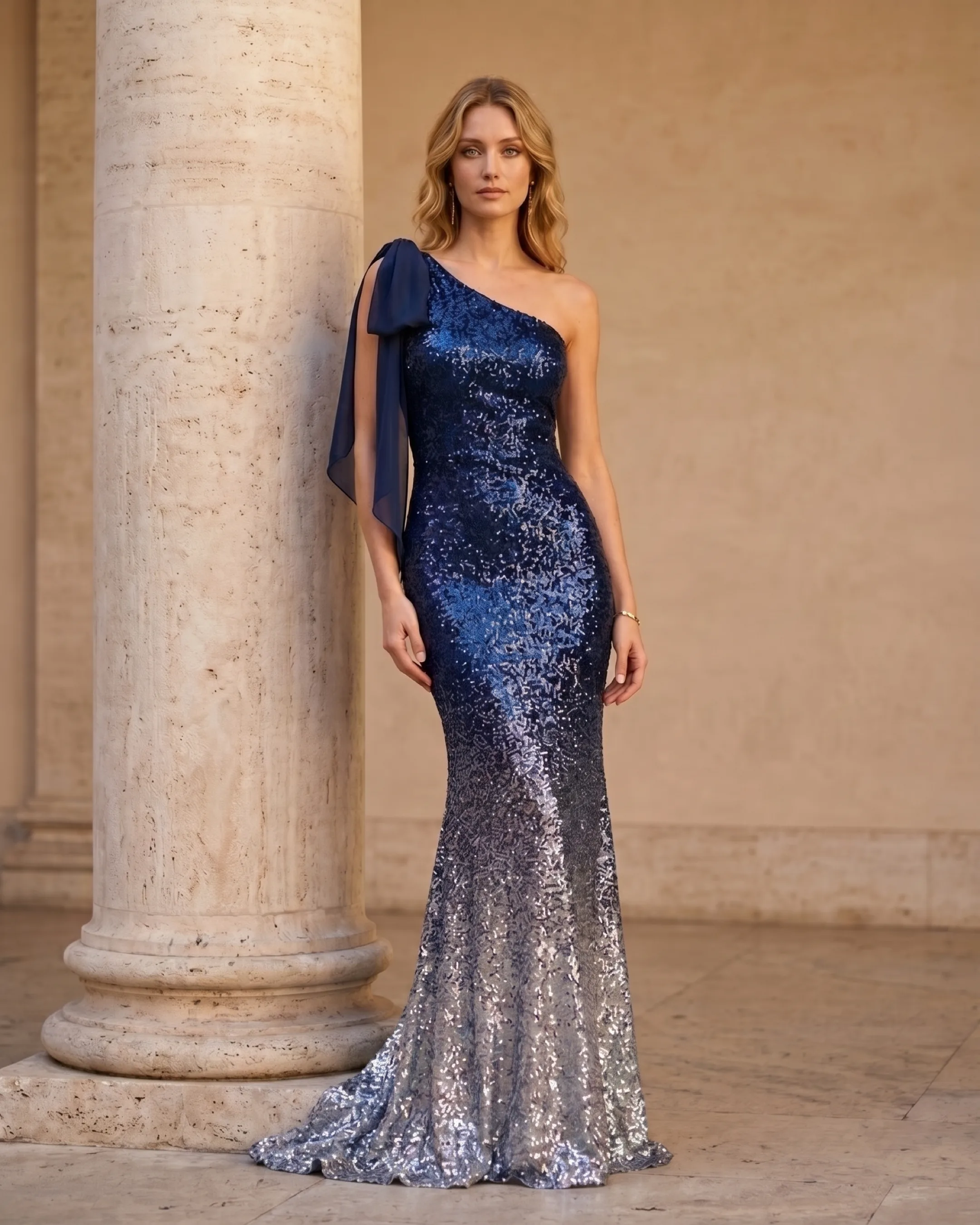Hugo Caesar Tassi Sempronia one-shoulder sequin fishtail evening gown in Cobalto navy ombre, full-length front view by a travertine column