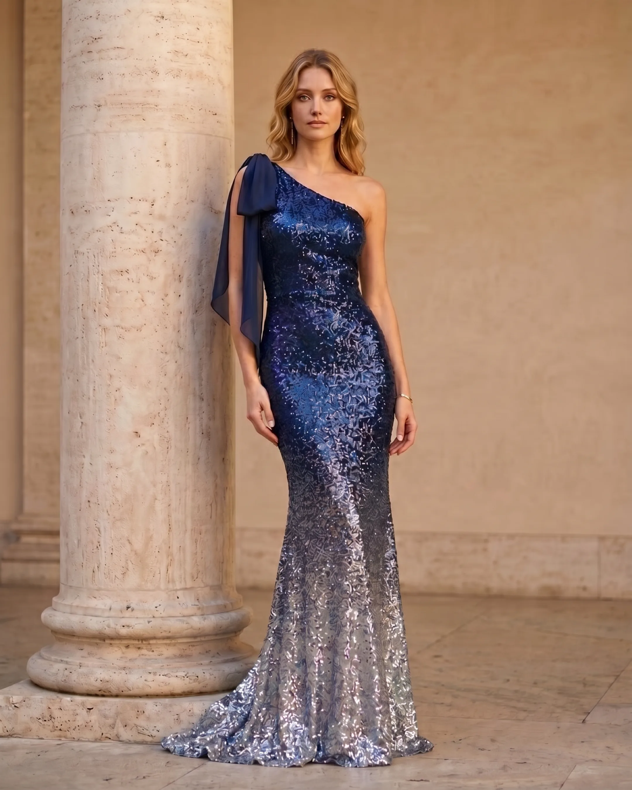 Hugo Caesar Tassi Sempronia editorial wide of the navy sequin fishtail gown beside a fluted travertine column in golden light