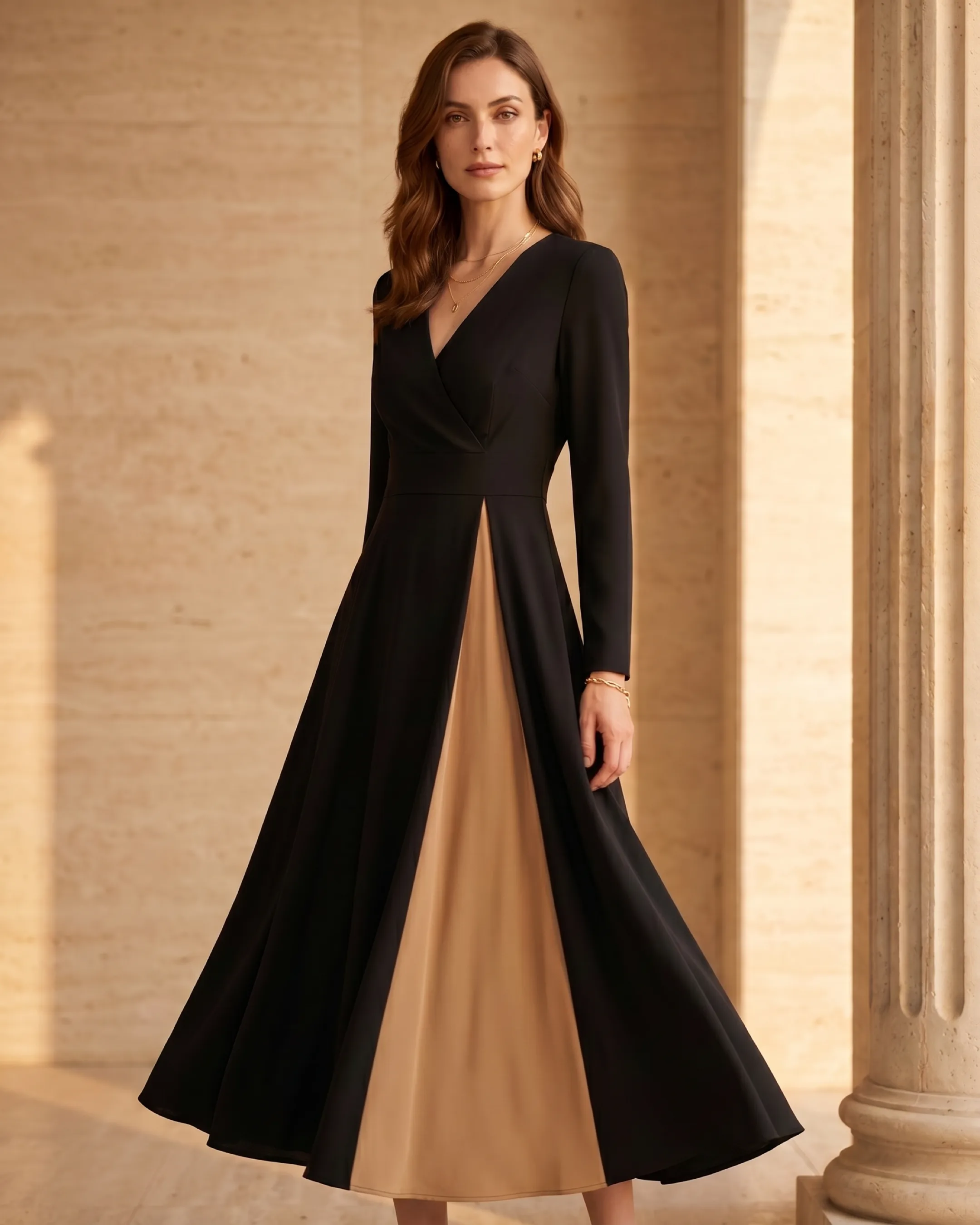 Hugo Caesar Tassi Sentia faux-wrap soft-V large-swing midi dress in Basalt black with a Travertine-tan contrast godet, full-length on the model against a warm travertine wall