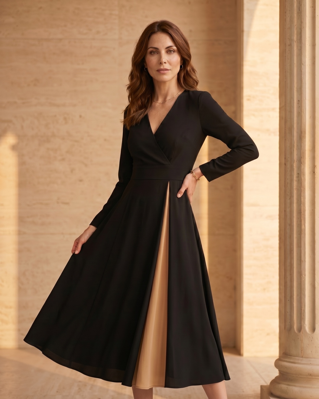 Hugo Caesar Tassi Sentia large-swing midi dress photographed beside a fluted travertine column, the skirt and contrast godet sweeping in soft golden afternoon light