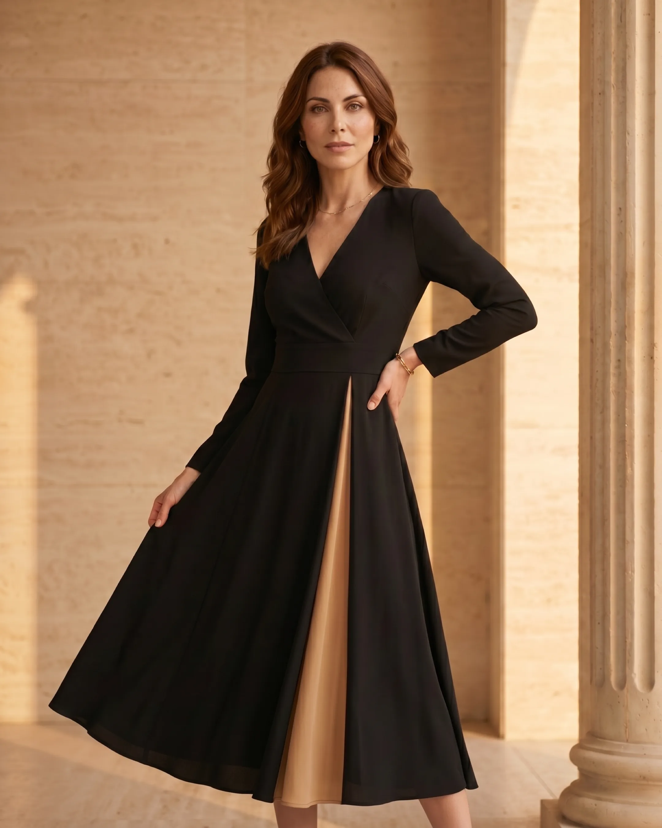 Hugo Caesar Tassi Sentia large-swing midi dress photographed beside a fluted travertine column, the skirt and contrast godet sweeping in soft golden afternoon light