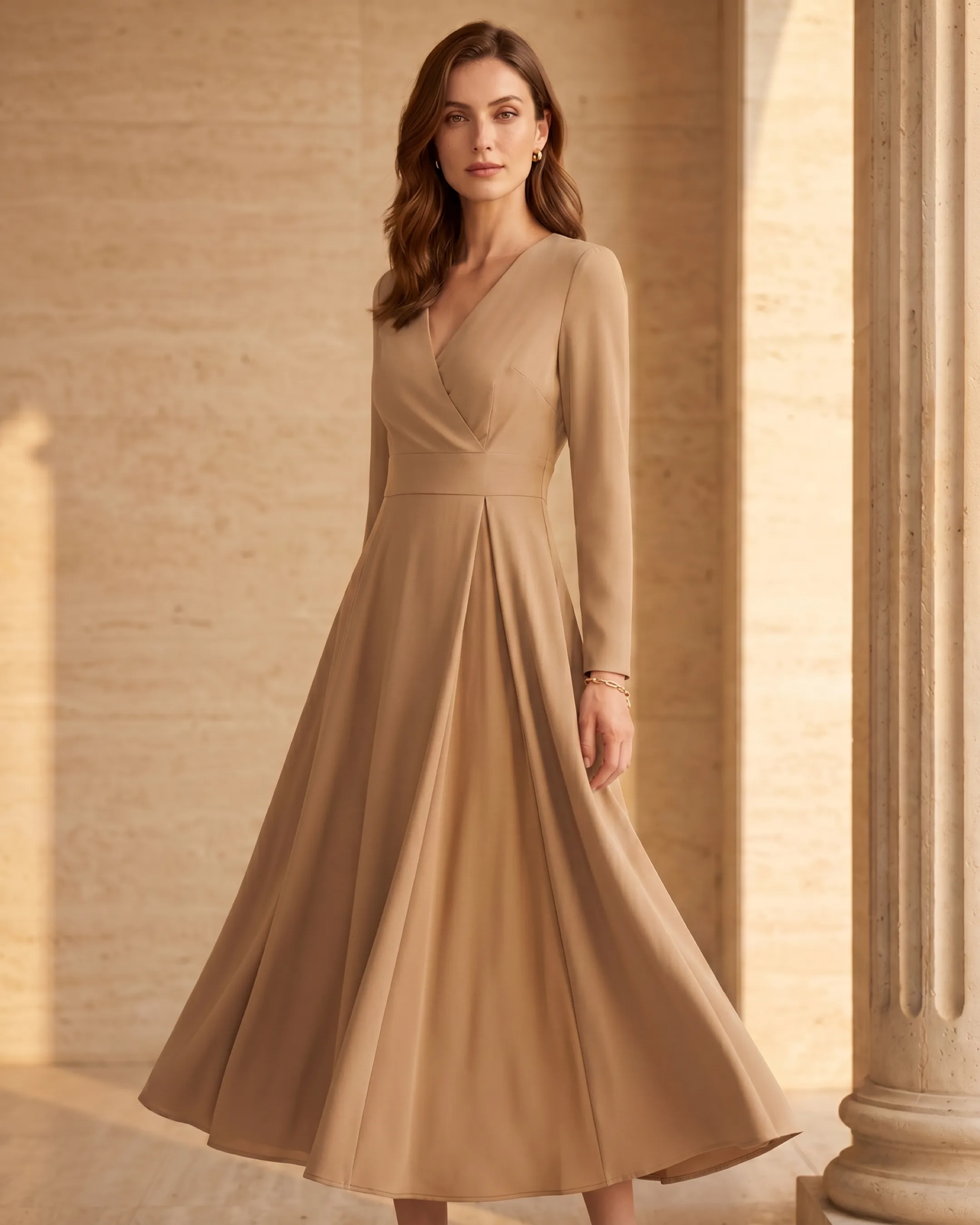 Sentia Faux-Wrap Soft-V Large-Swing Midi Dress in Travertine — Hugo Caesar Tassi