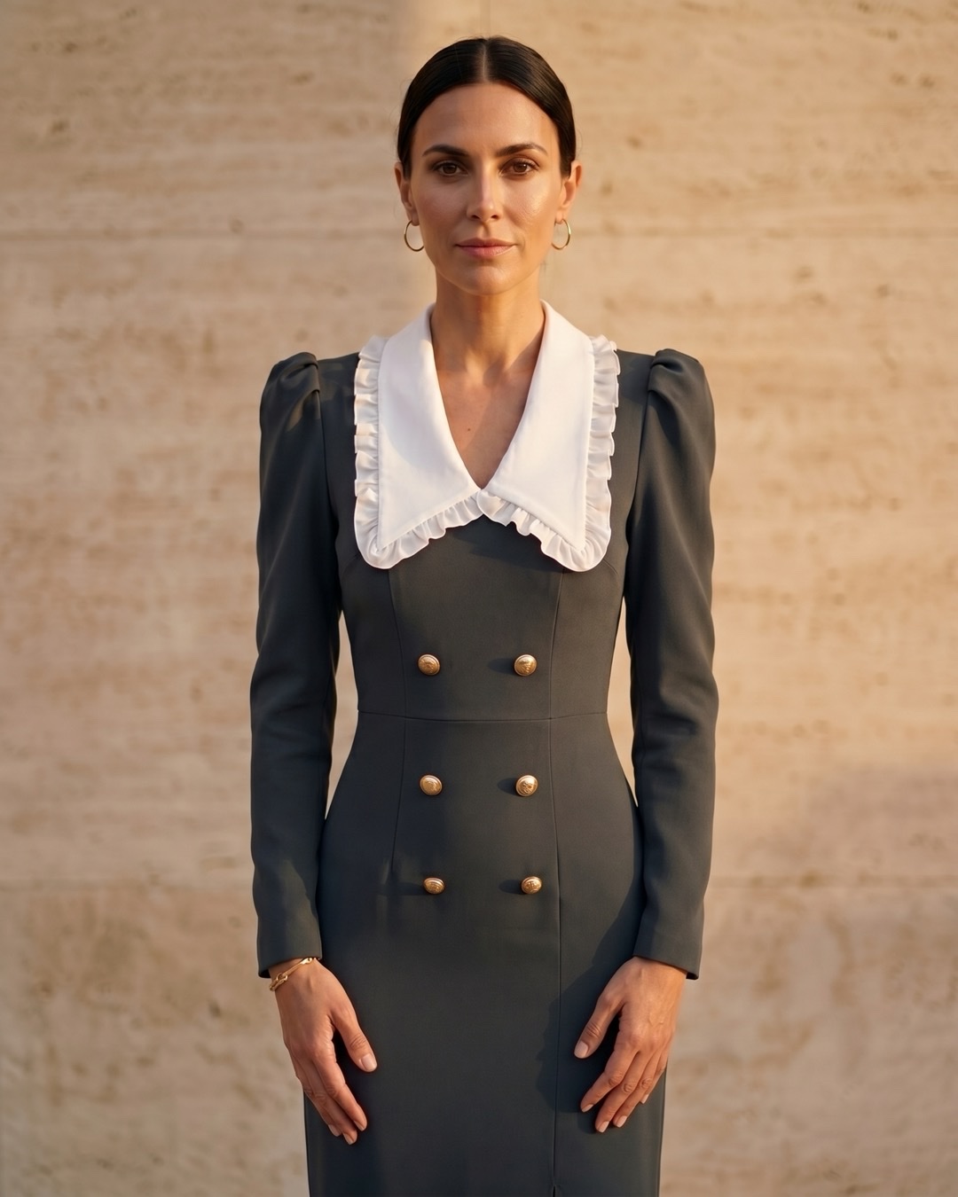 Hugo Caesar Tassi Servilia ruffle-collar long-sleeve crepe day dress in basalt black with ivory ruffle collar, full length