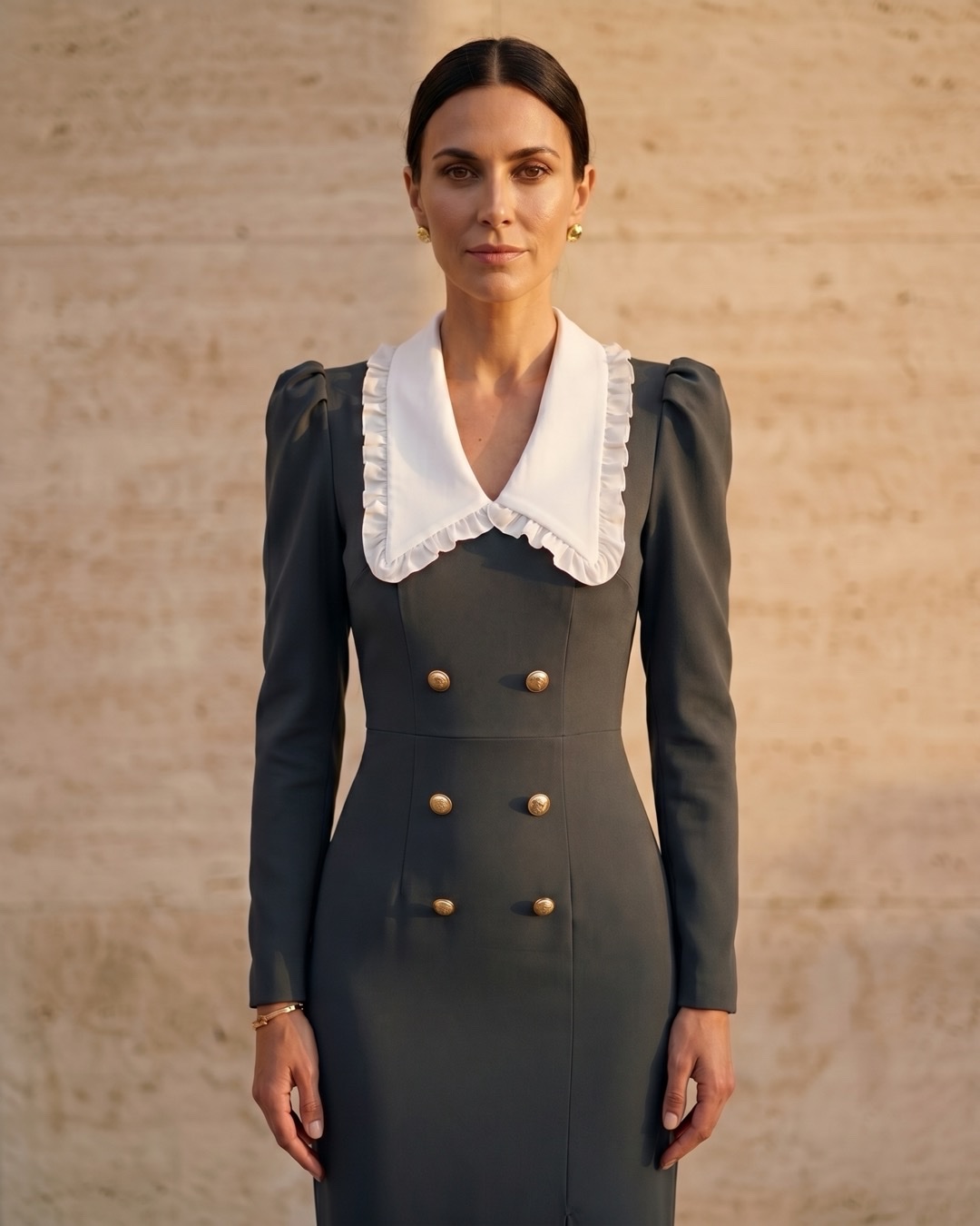 Hugo Caesar Tassi Servilia ivory ruffle shawl collar and double gilt-button waist detail