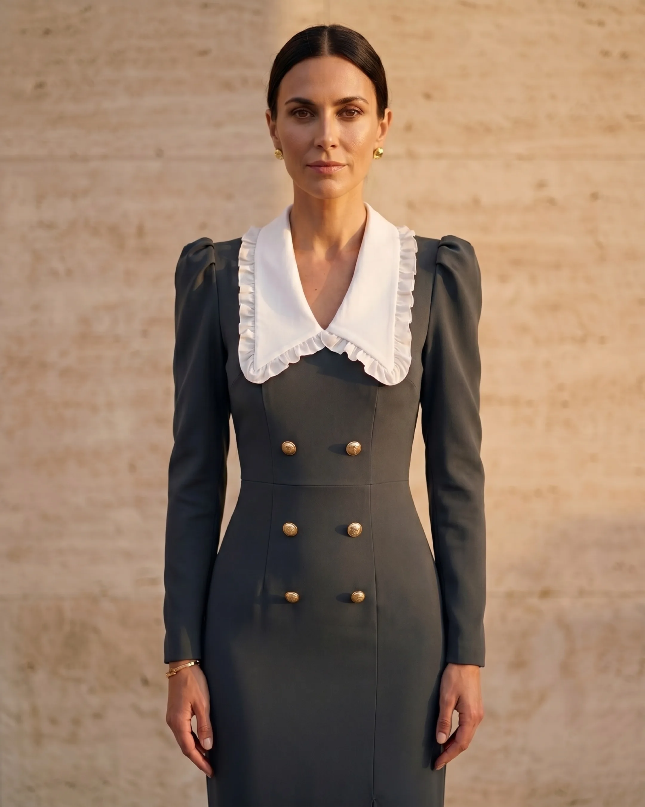 Hugo Caesar Tassi Servilia ivory ruffle shawl collar and double gilt-button waist detail