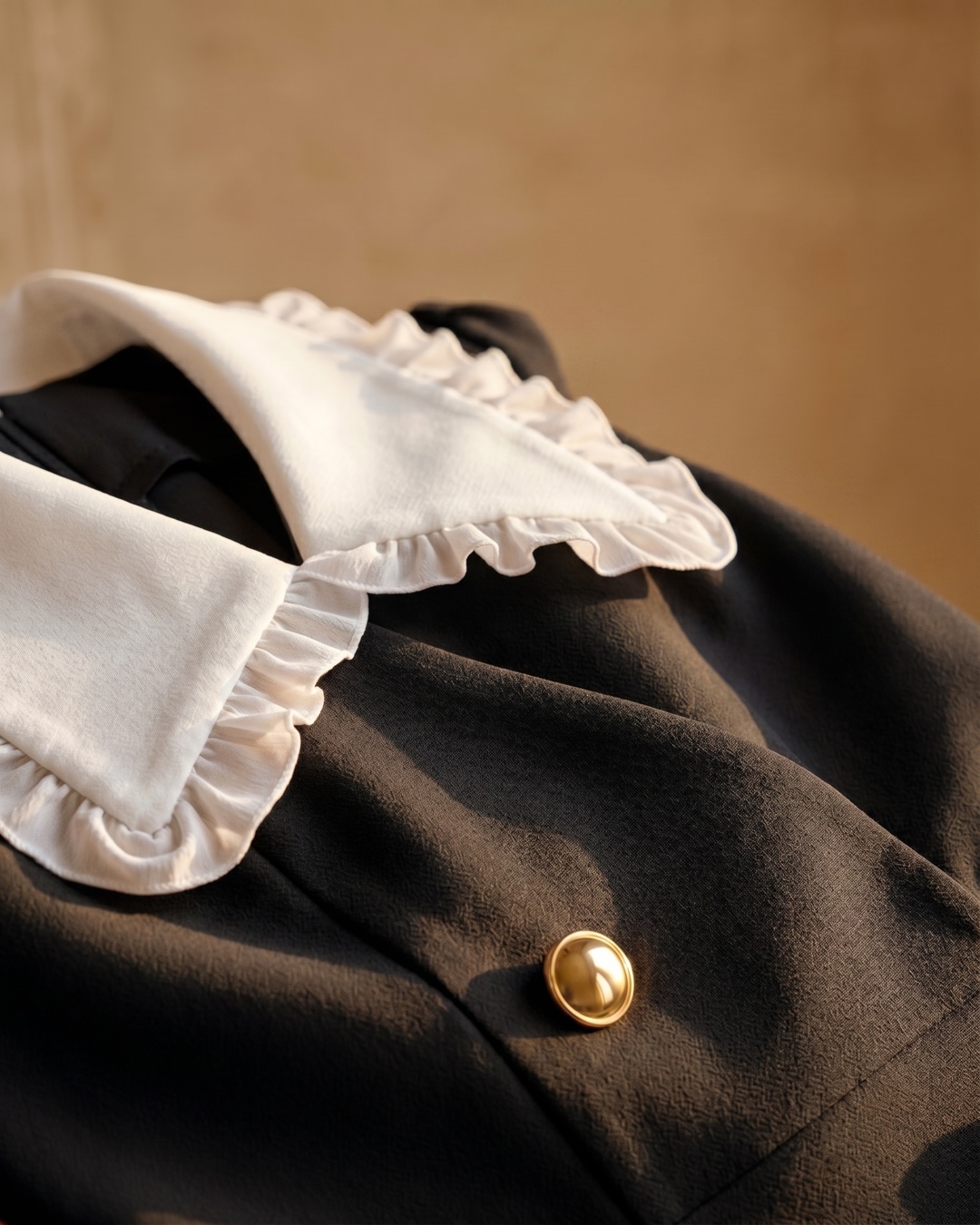 Hugo Caesar Tassi Servilia basalt black crepe with ivory ruffle trim and gilt button, macro