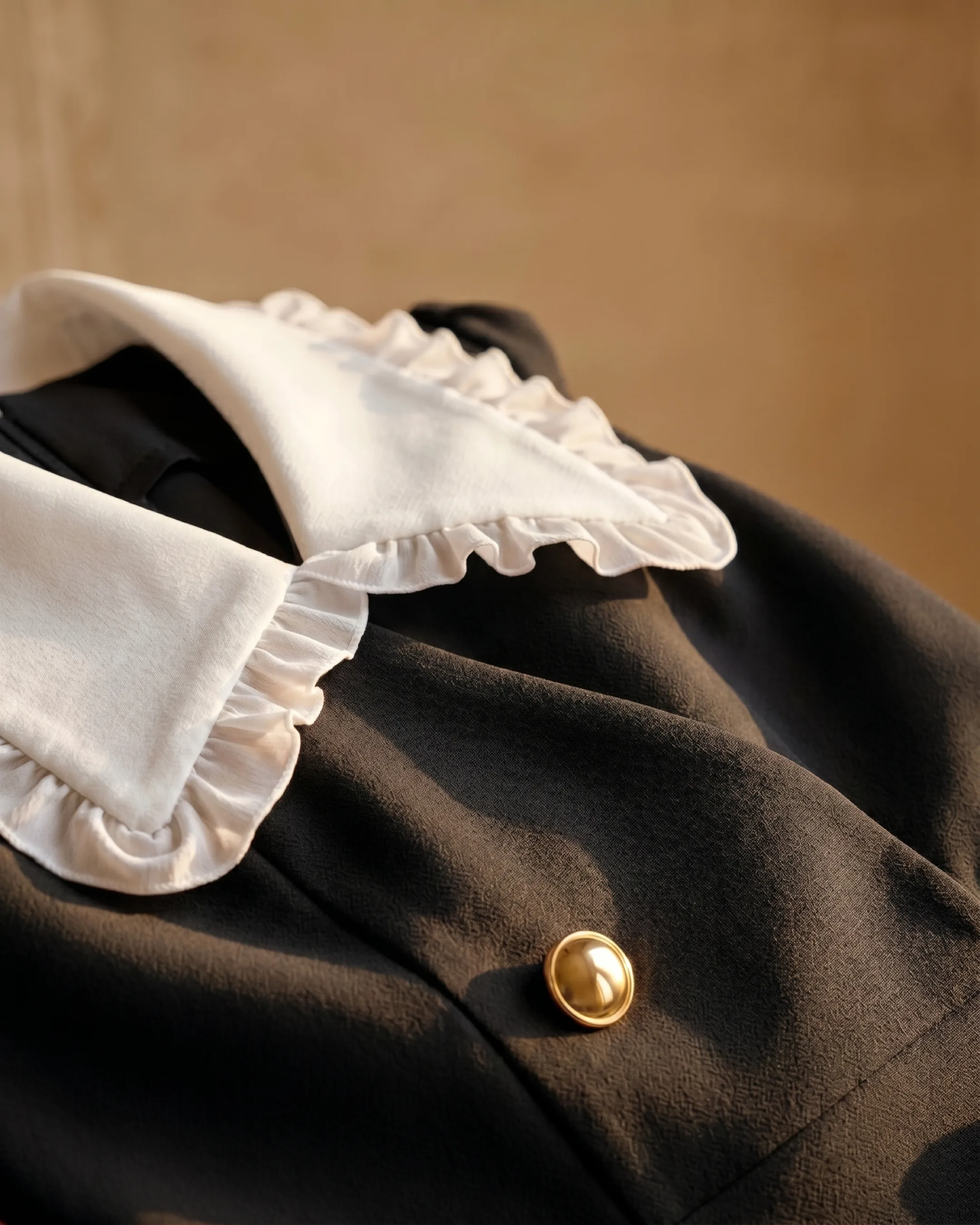 Hugo Caesar Tassi Servilia basalt black crepe with ivory ruffle trim and gilt button, macro