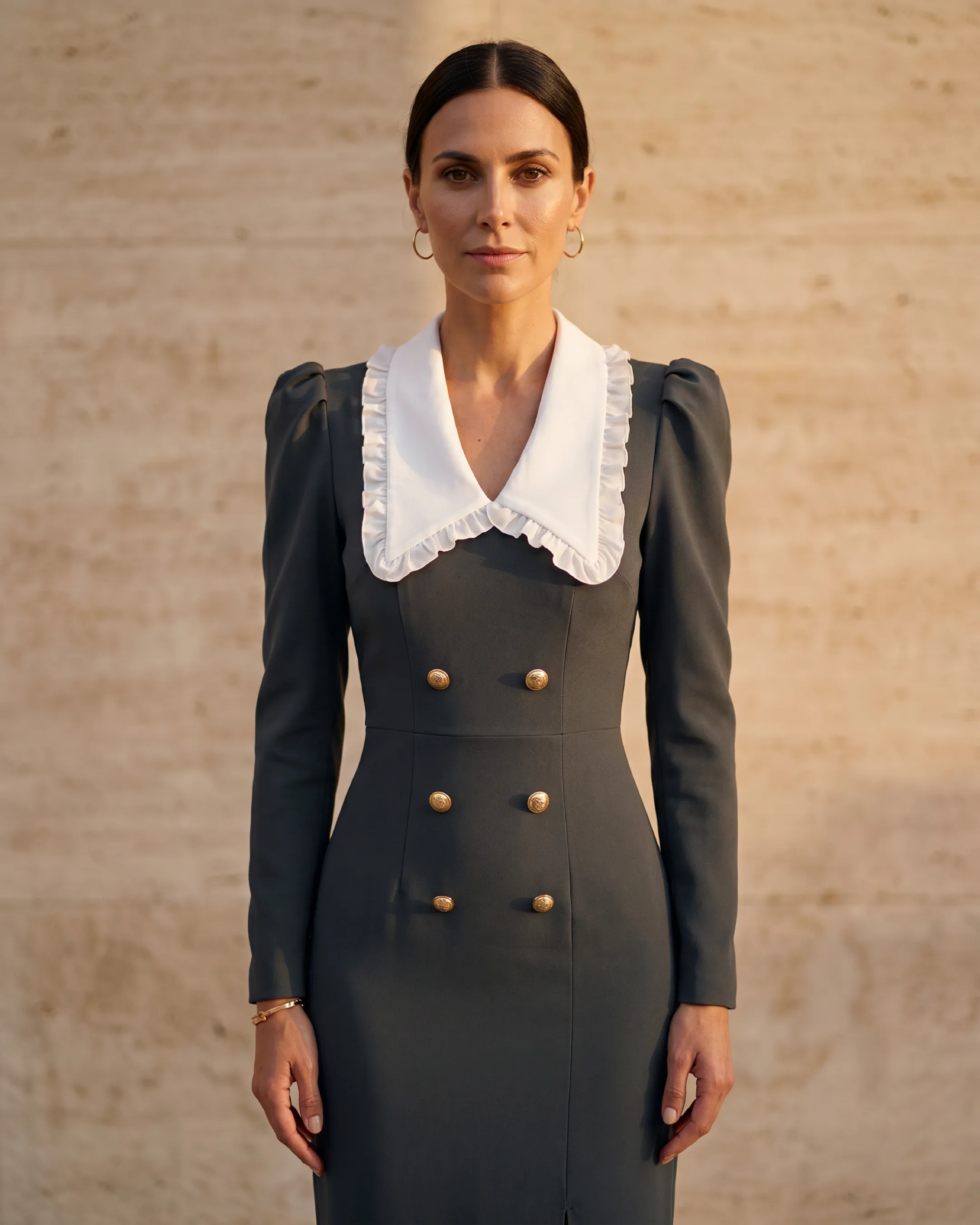 Hugo Caesar Tassi Servilia crepe day dress photographed beside a travertine column in golden light