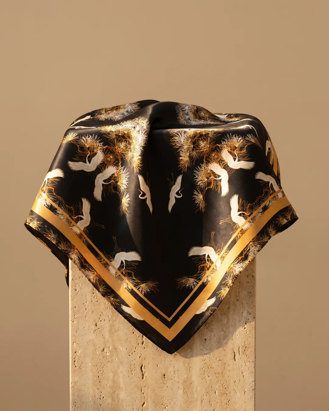 Spoleto Crane-Print Silk Square Scarf in Basalt — Hugo Caesar Tassi