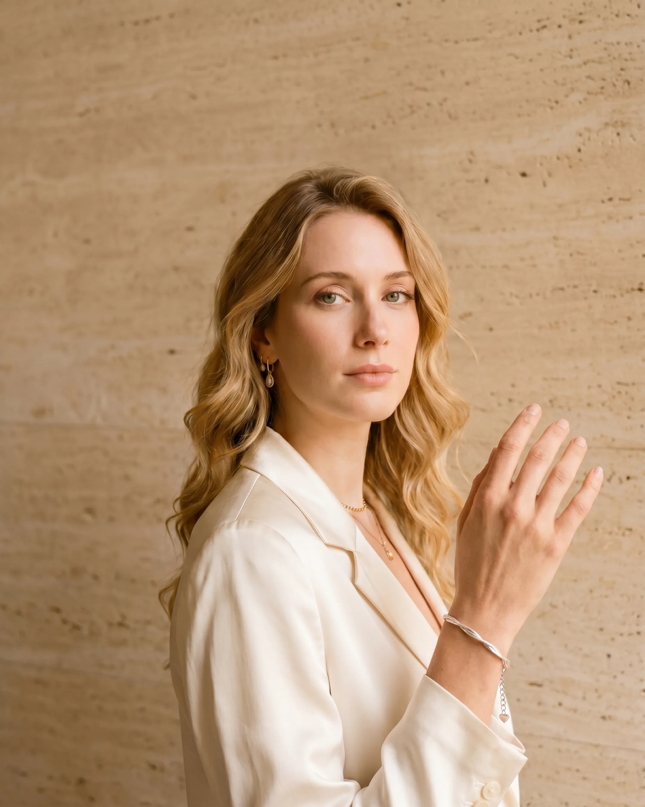 Hugo Caesar Tassi Stella twisted multi-strand silver bracelet draped around the wrist against a warm travertine wall