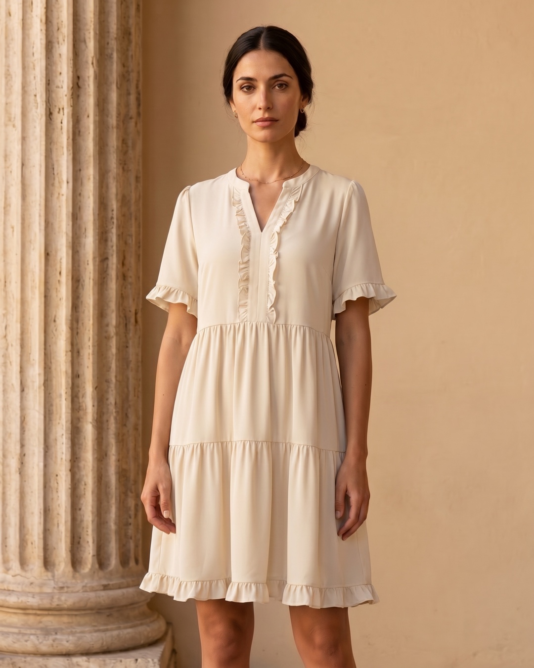 Tertulla Split V-Neck Ruffle-Trim Tiered Swing Dress in Avorio — Hugo Caesar Tassi