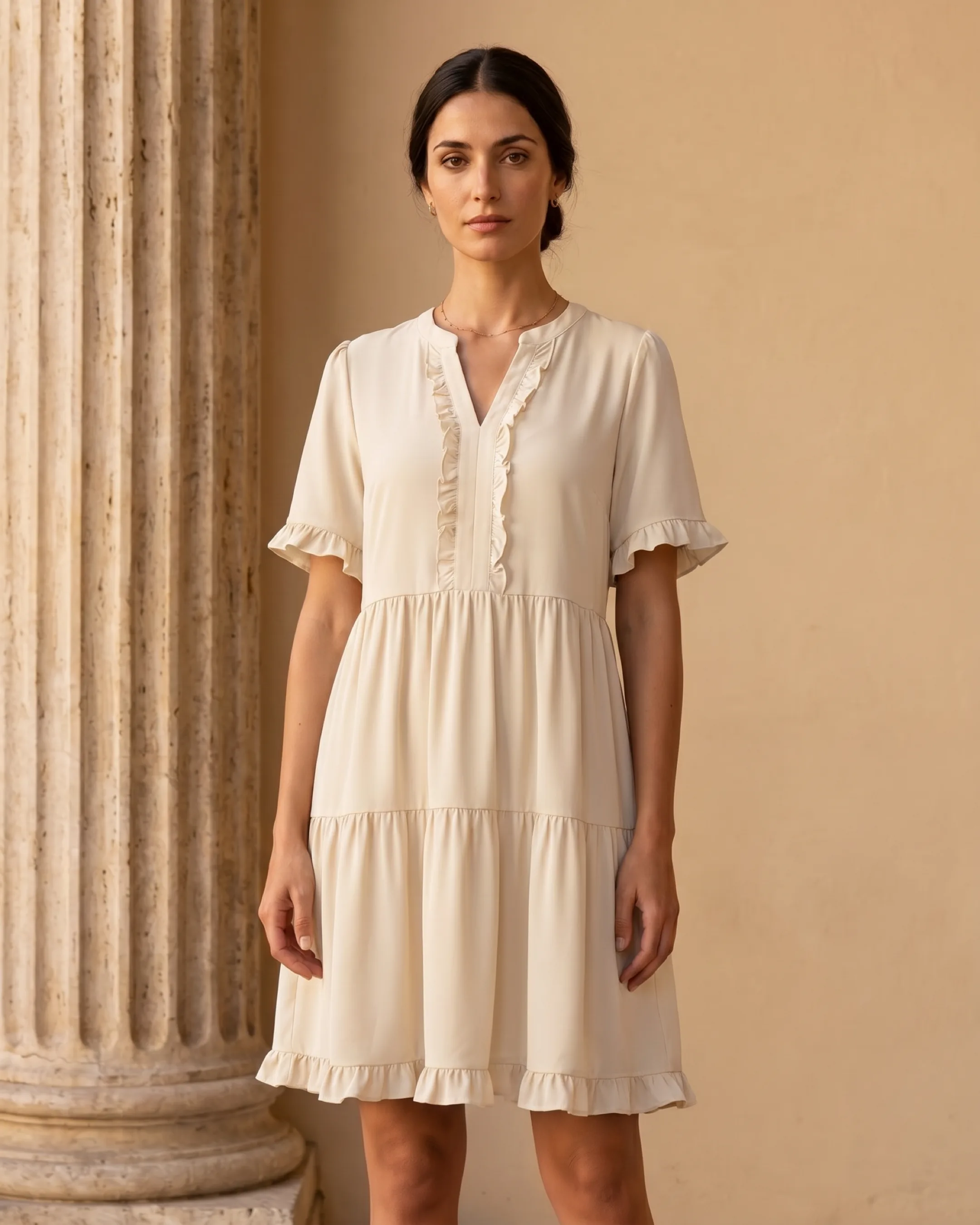 Tertulla Split V-Neck Ruffle-Trim Tiered Swing Dress in Avorio — Hugo Caesar Tassi