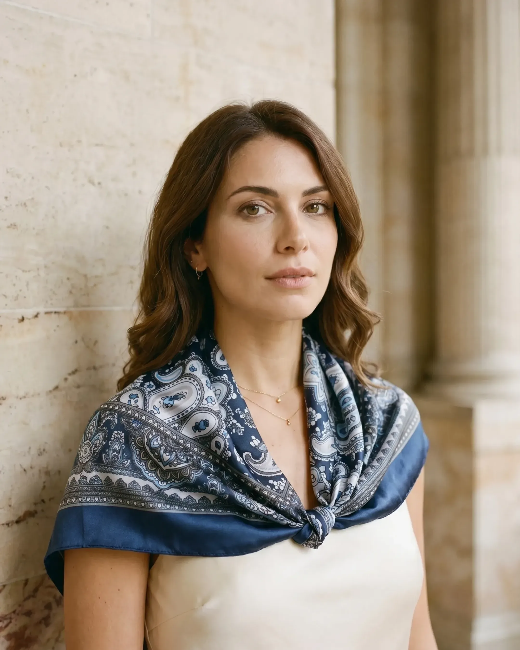 Hugo Caesar Tassi Tessera paisley silk-look square scarf in Cobalto navy, knotted softly at the neck of a model against a Roman travertine studio wall