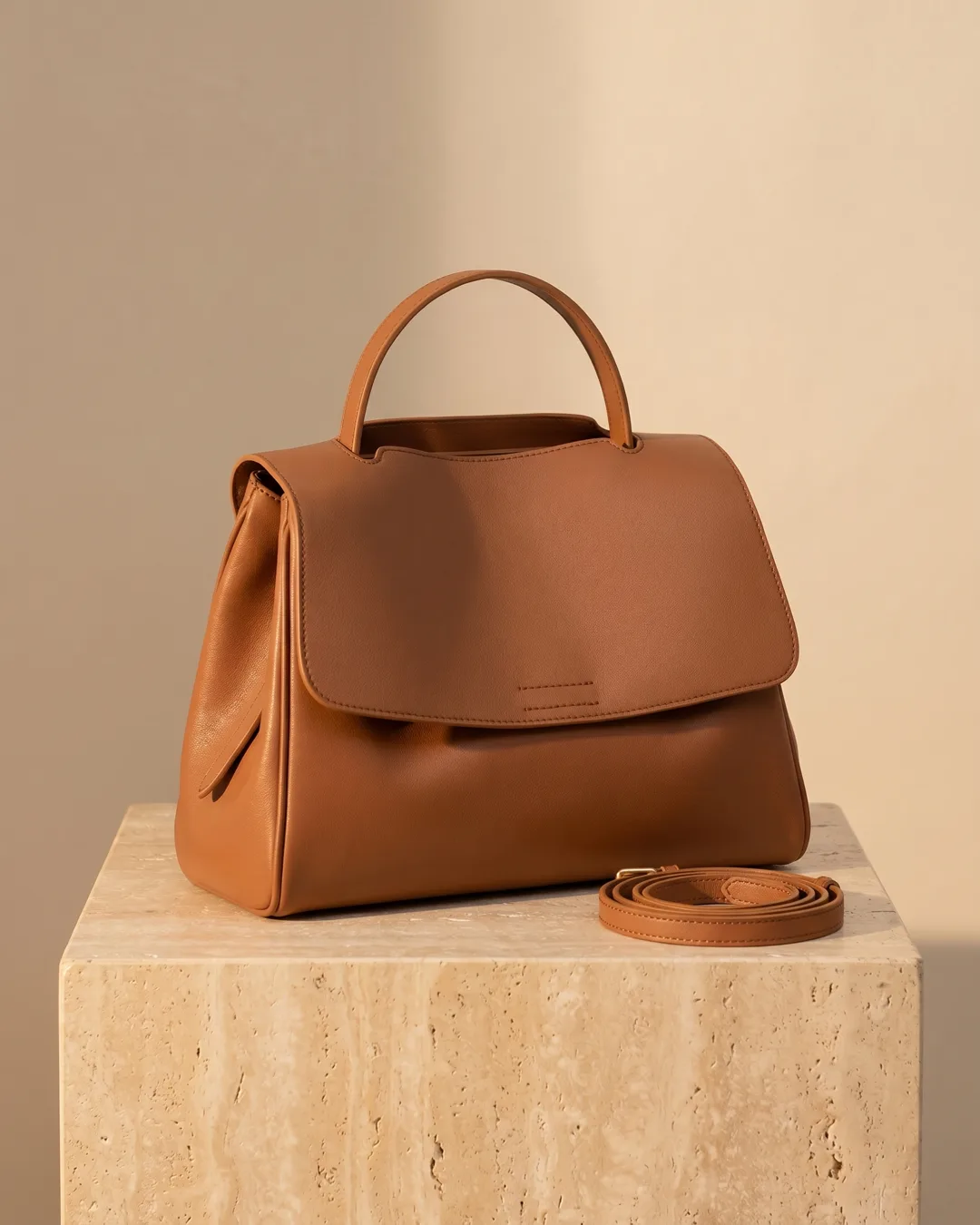 Tiberina Structured Top-Handle Leather Satchel in Cuoio — Hugo Caesar Tassi